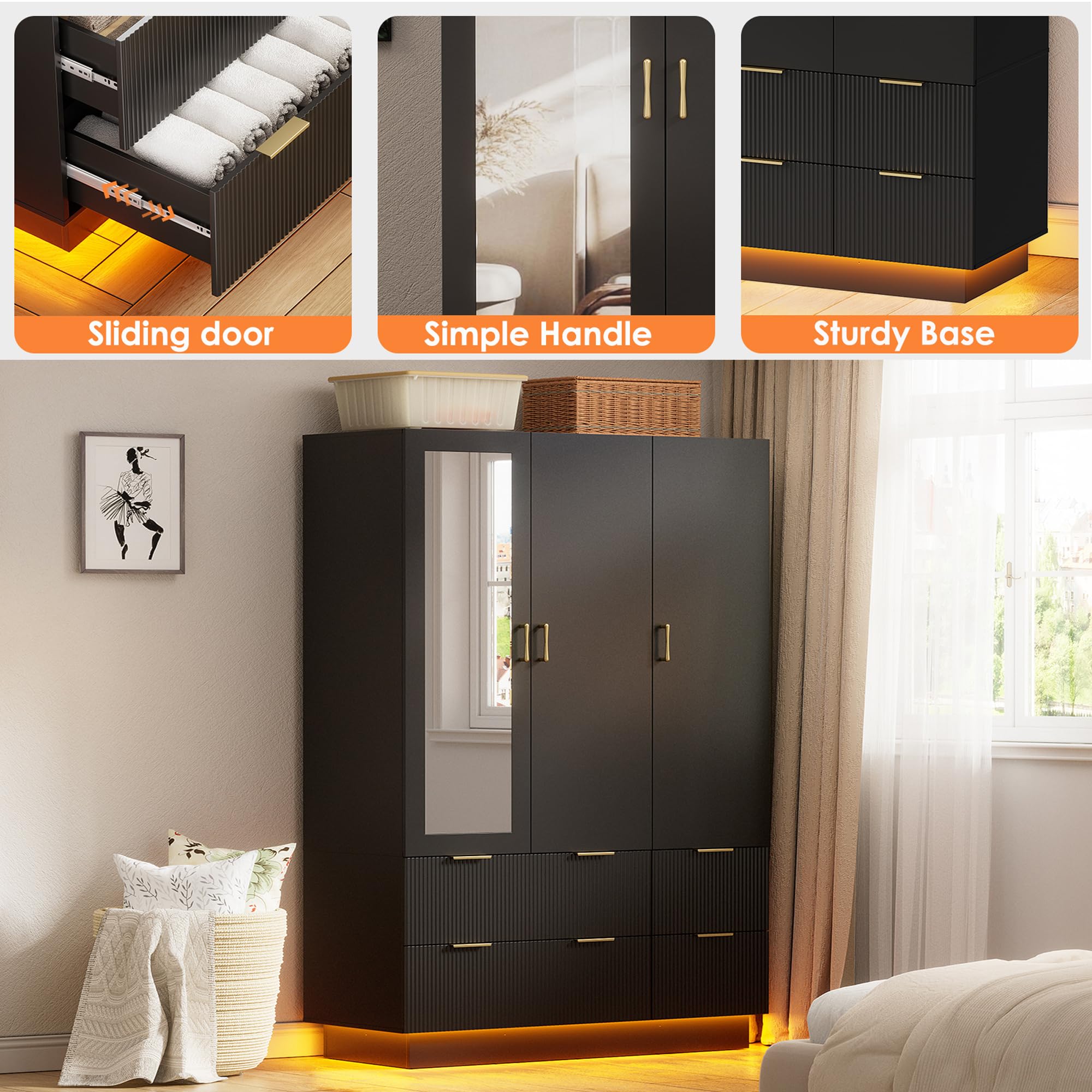 PAKASEPT Large Wardrobe Closet, Armoire Closet with Door and Mirror, LED Lights, Hanging Rod, Drawers, Armoires and Wardrobes for Bedroom (Black)