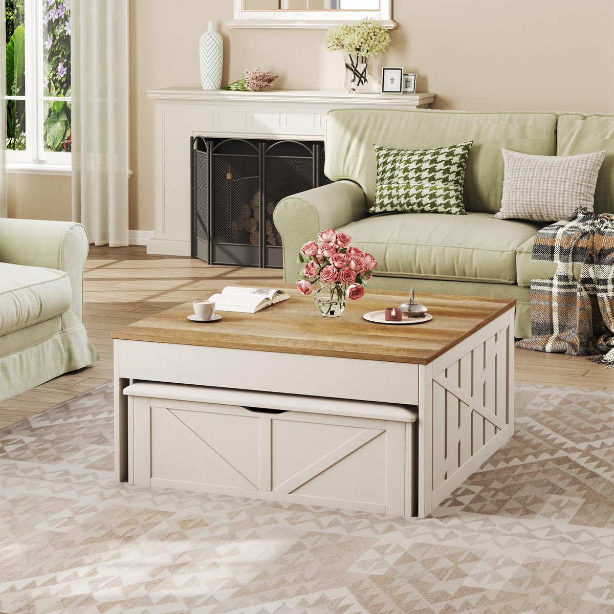 White Lift-Top Coffee Table with Storage Bench