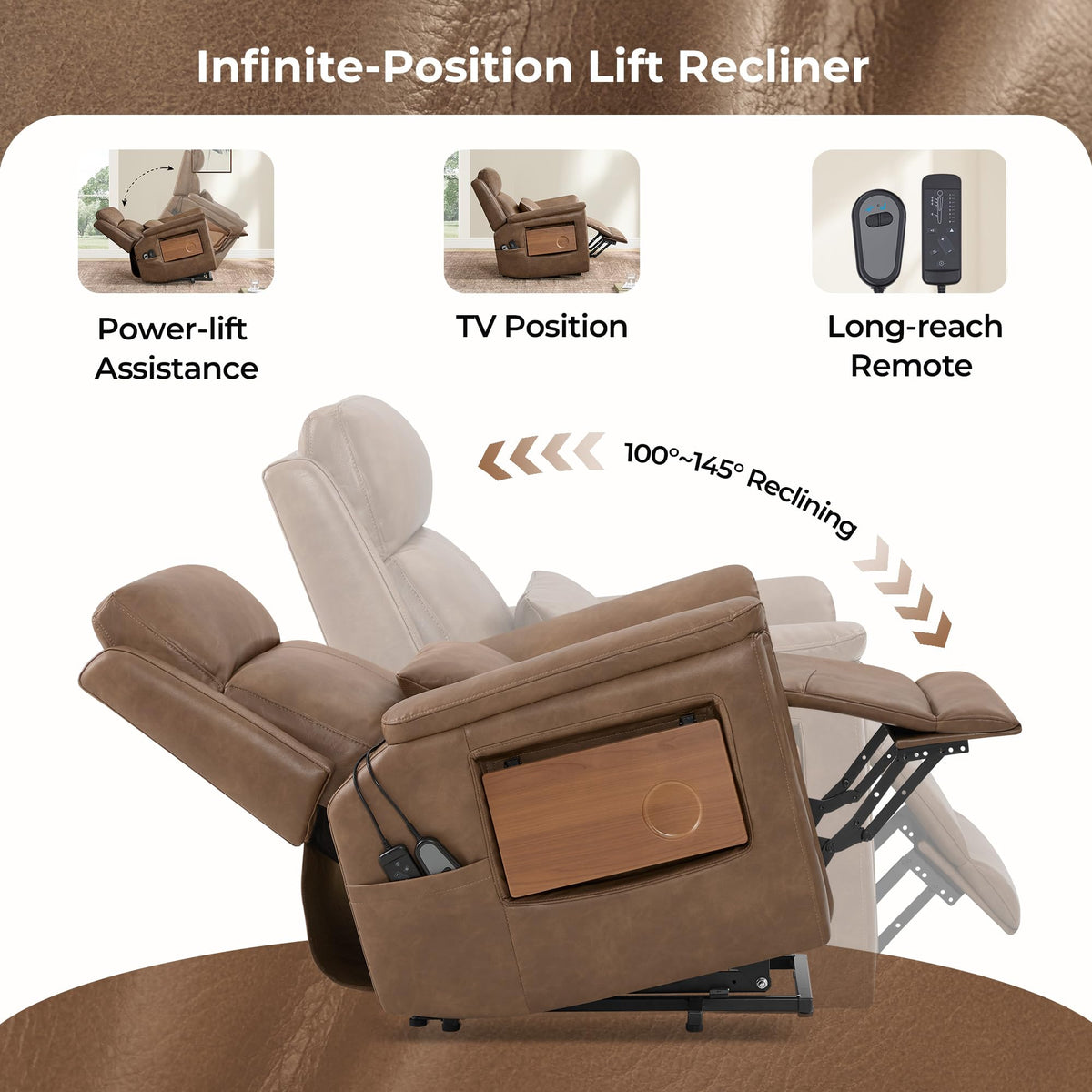 CHITA Leather Power Lift Recliner Chair for Elderly, Heat & Massage, Saddle