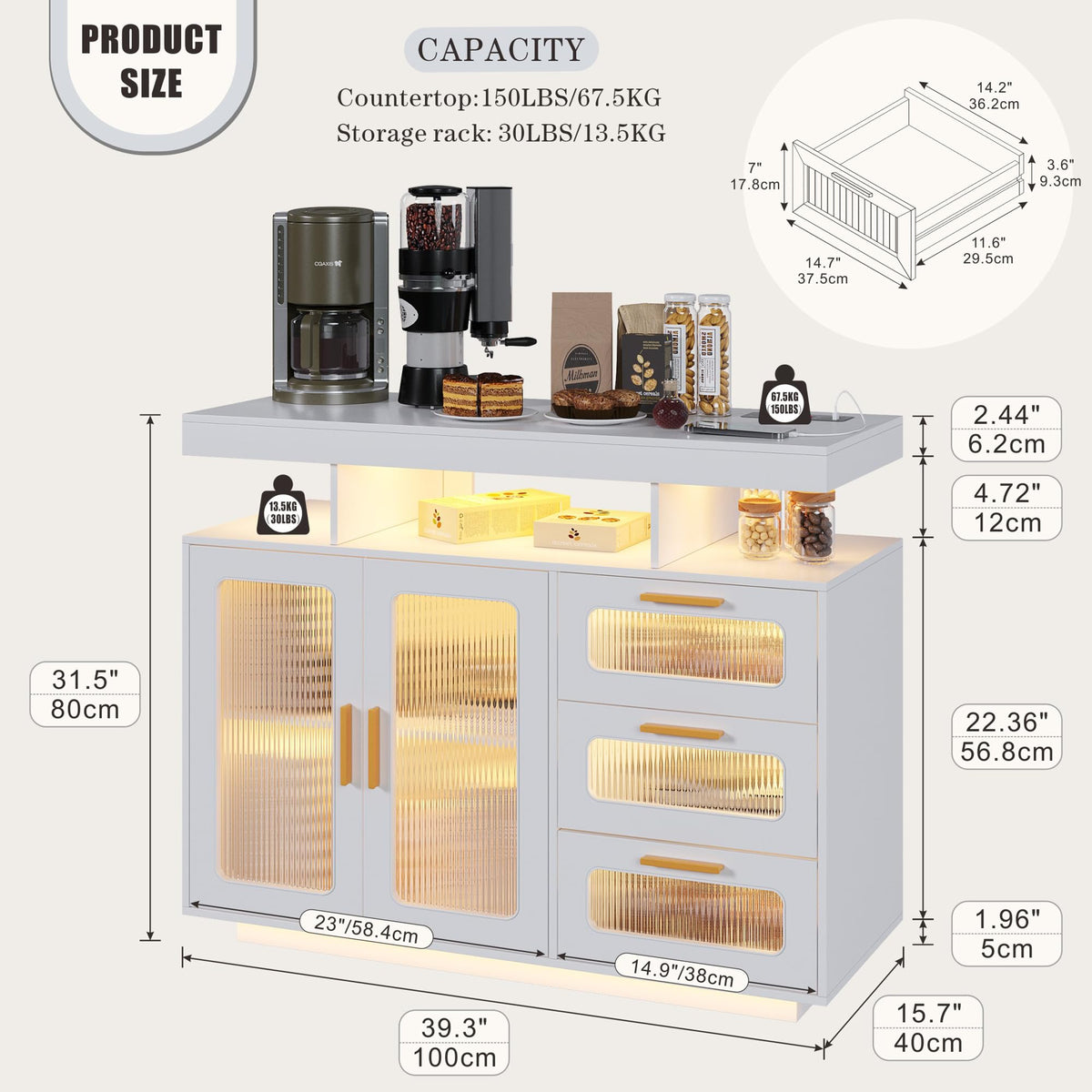 HWB Coffee Bar Cabinet with RGB Light & Charging Station, White
