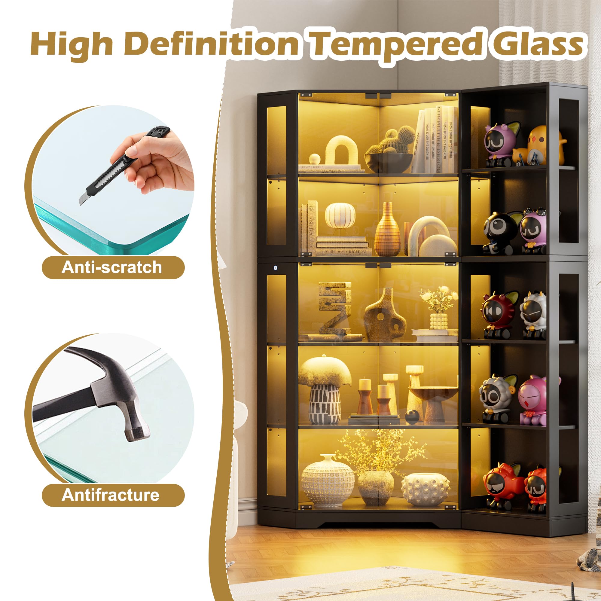 PAKASEPT Corner Display Curio Cabinet with Glass Doors, Glass Display Case with LED Lights for Collectibles,Display Storage Shelves for Living Room,Black