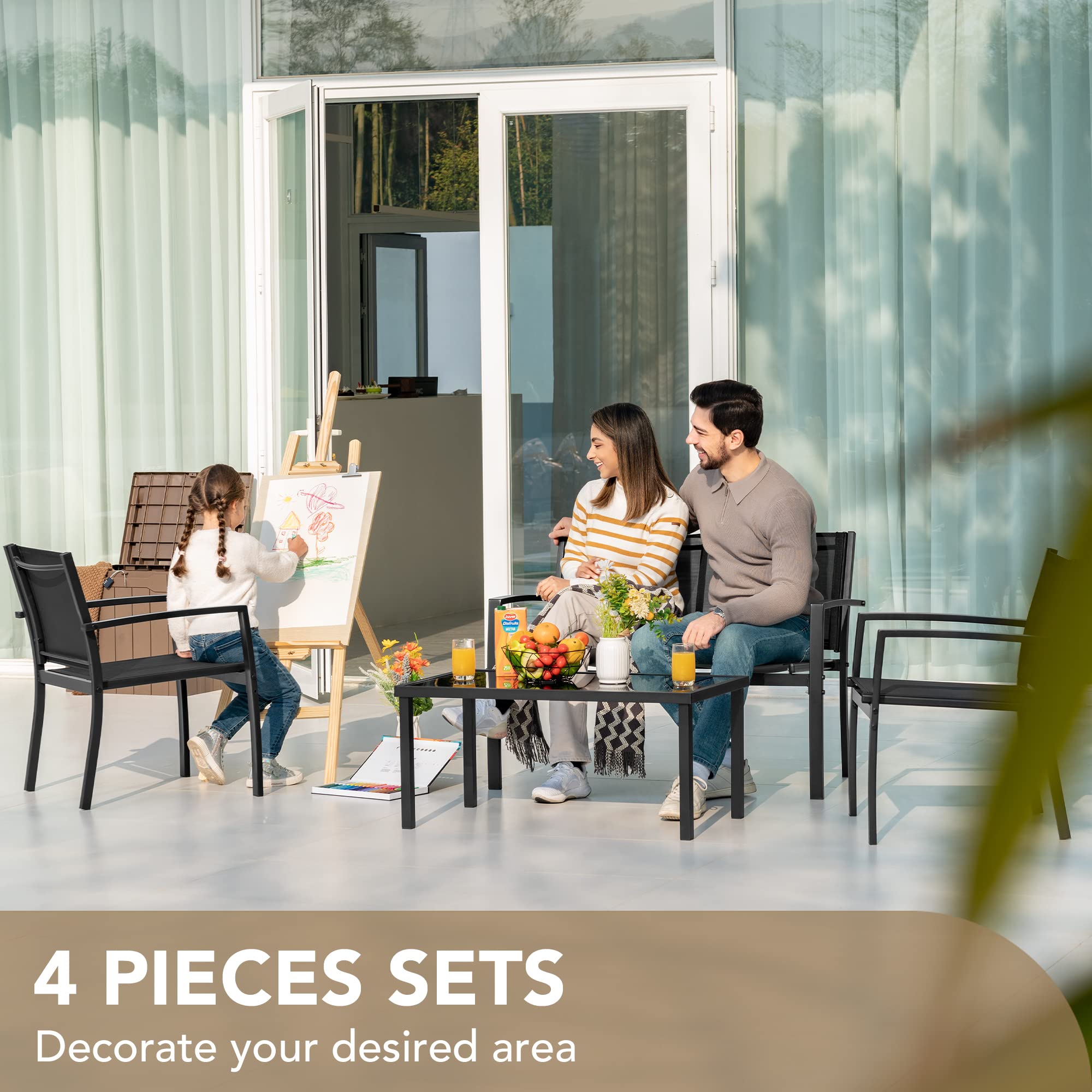 4-Piece Patio Conversation Set with Glass Coffee Table