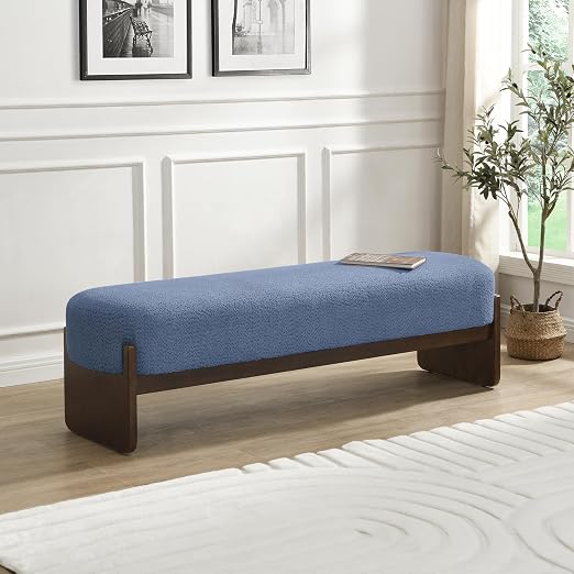 Rectangular Loop Yarn Ottoman Bench with Rubberwood Frame