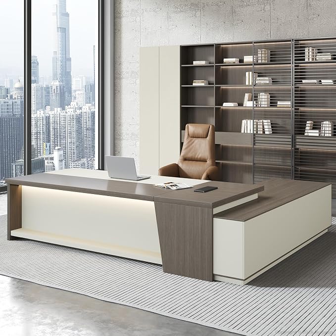 L-Shaped Executive Desk with LED and Power Outlets