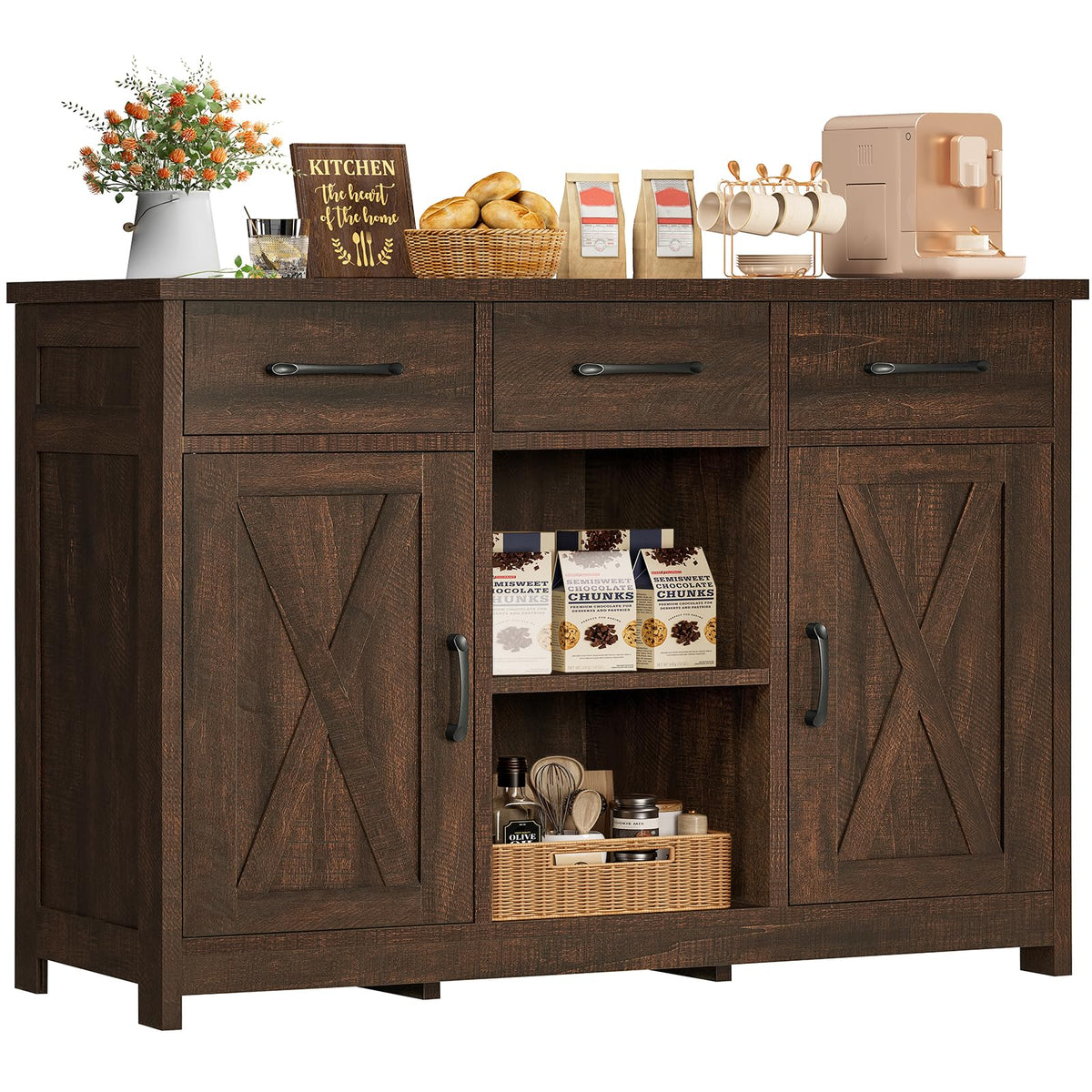 TEENFON Coffee Bar Cabinet with 3 Drawers, Farmhouse Buffet Cabinet