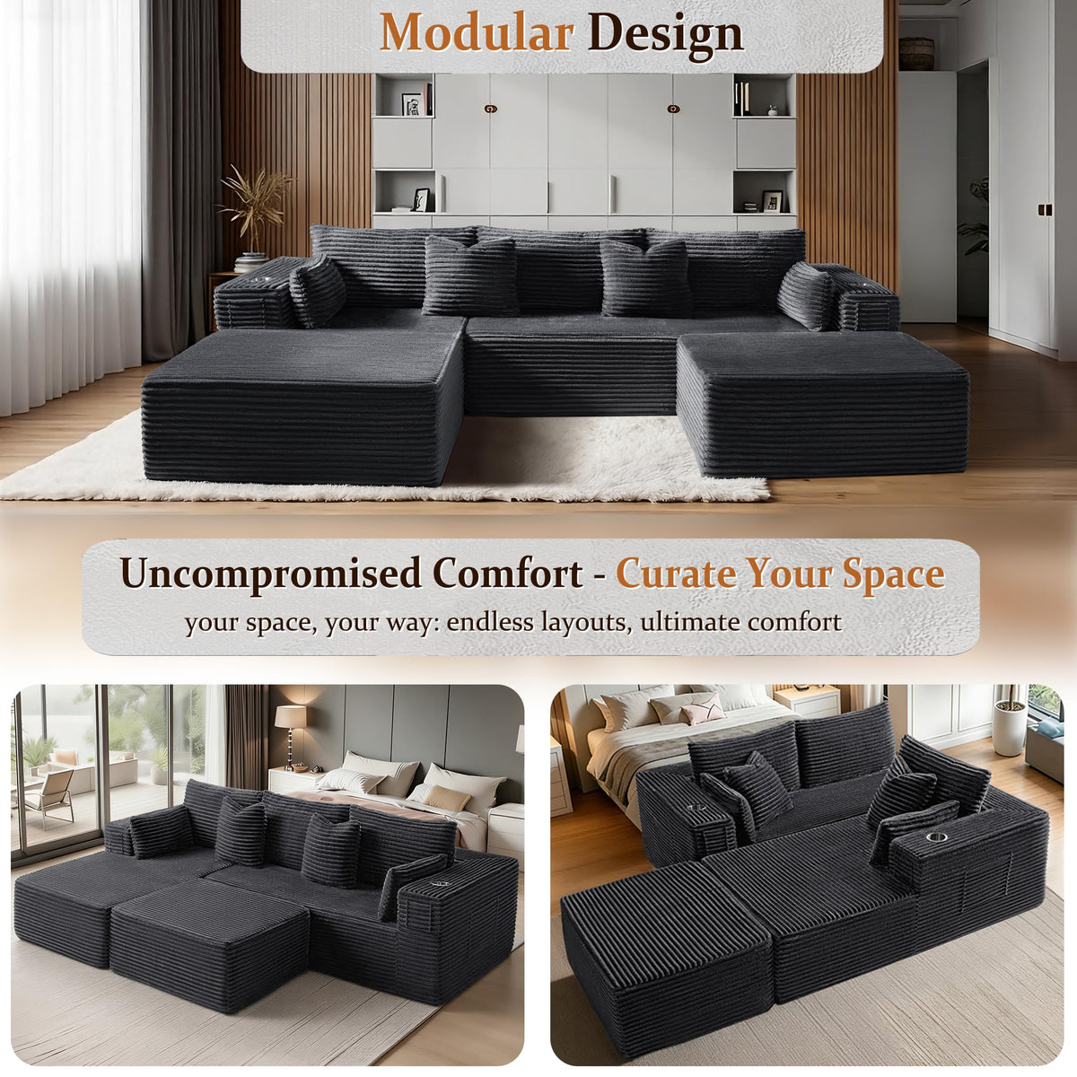 VYUXWO 108" Oversized Cloud Sectional Couch, Comfort U Shaped Boneless Couch for Living Room, Extra Deep Seats No Assembly, Modular Sofa, Corduroy (Dark Grey, 2 Seater + Left Facing Chaise + Ottoman)