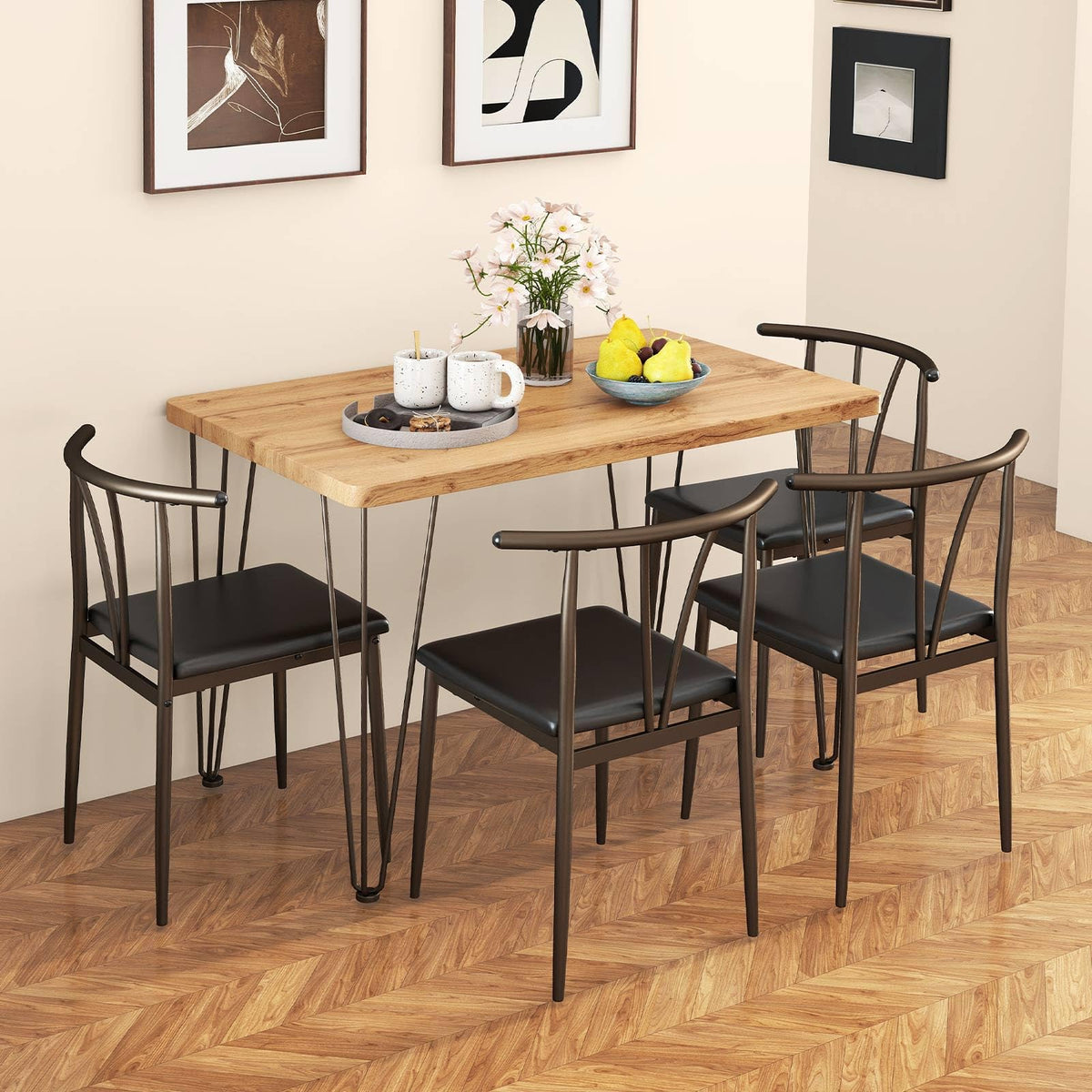 GIANTEX 5-Piece Dining Table Set, 43-Inches Rectangular Kitchen Table & 4 Armless Chairs with Upholstered Seat, Spindle Back, Metal Frame, Dinette Set for Small Space, Living Room (Oak+Black)