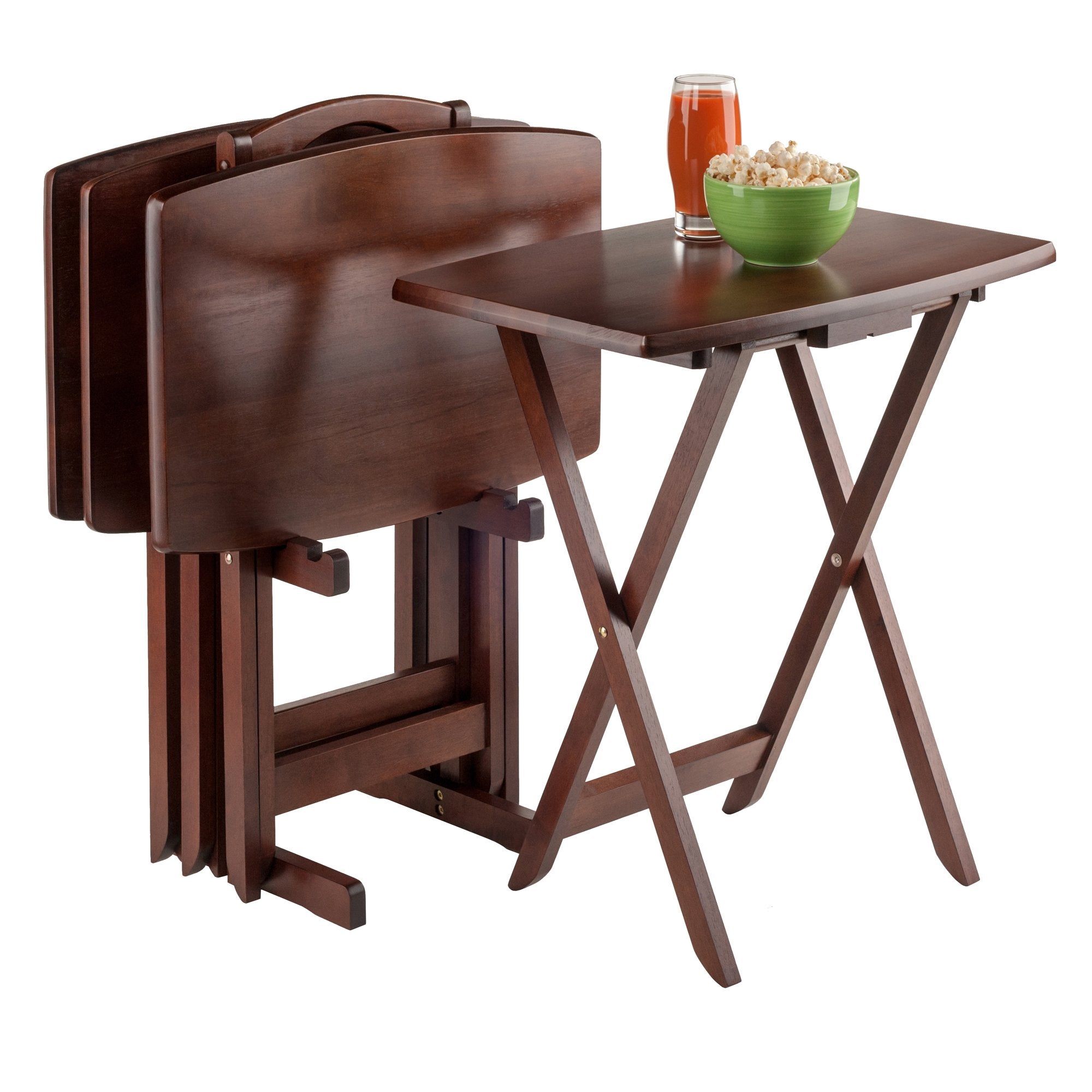 5-Piece Foldable Snack Table Set with Storage Rack – Walnut