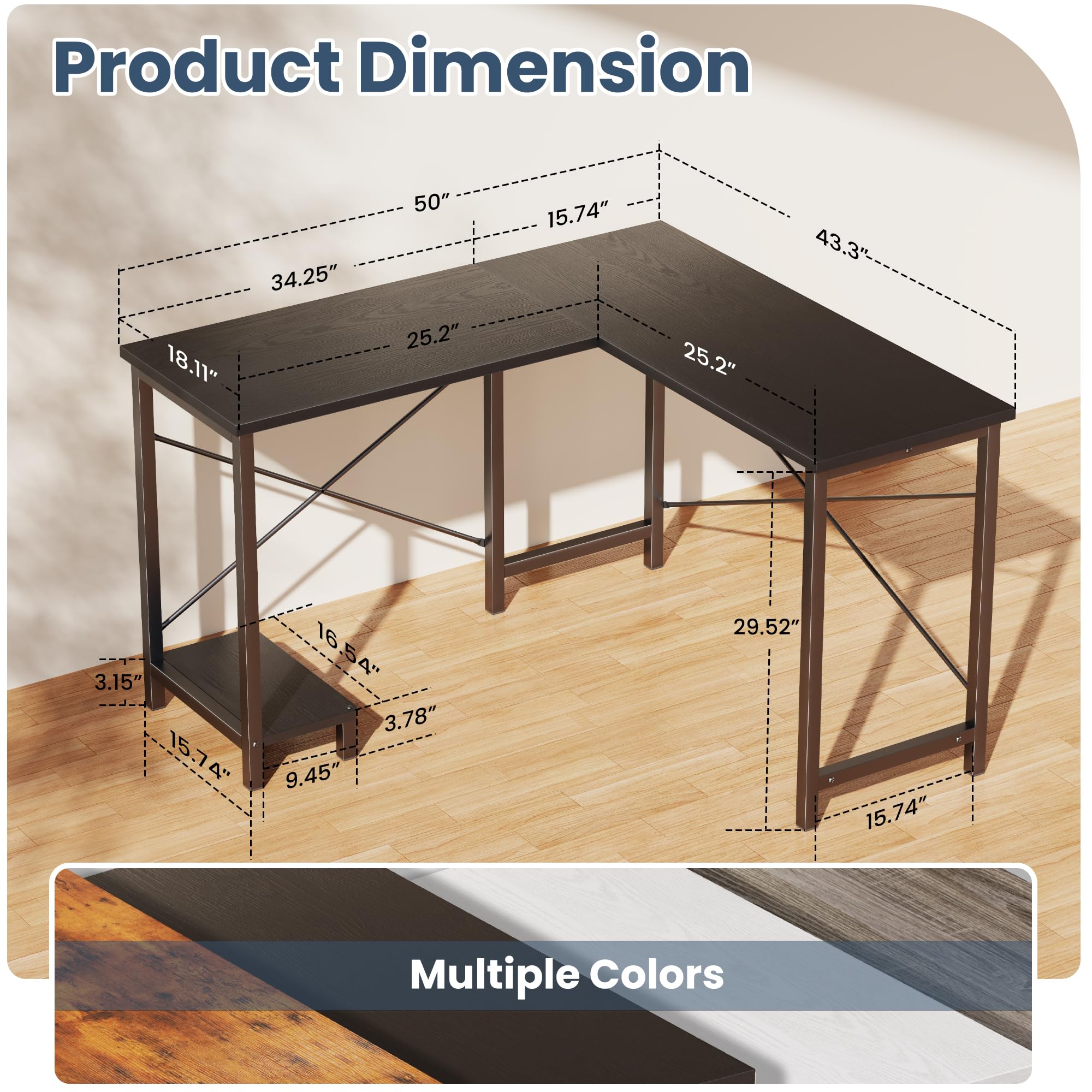DUMOS L Shaped Desk, Computer Gaming Desks Corner Office Table with CPU Shelf for Home Study Writing Work Station 50 Inch, Sturdy Modern Design, Ideal for PC Setup, Study, and Home Office Use, Black