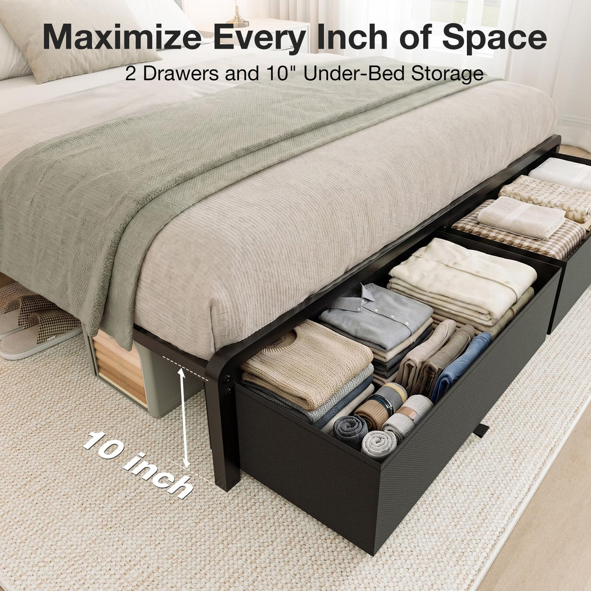 UHTN Queen Bed Frame with 2 Storage Drawers, Grey Upholstered