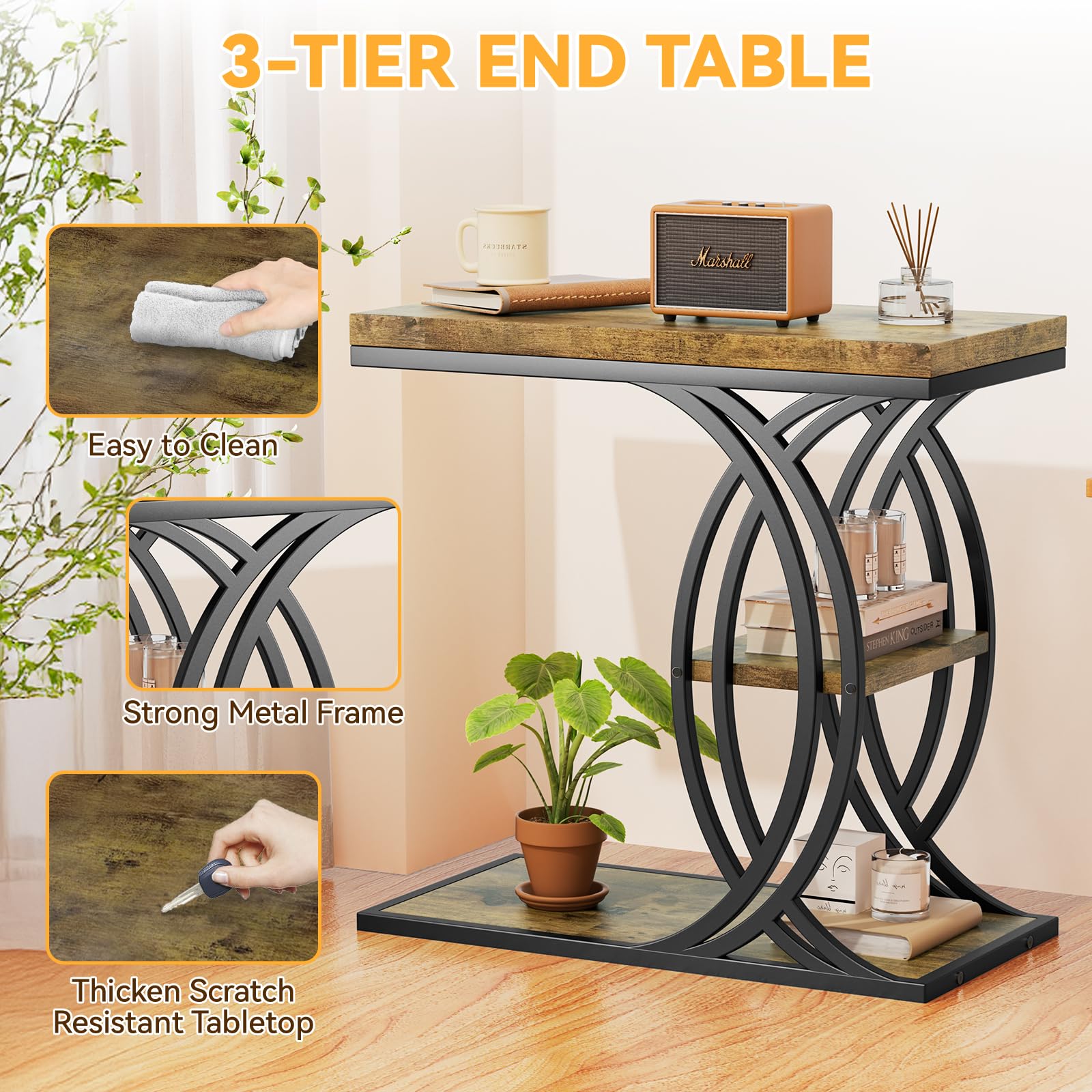 C-Shaped 3-Tier End Table with Metal Frame