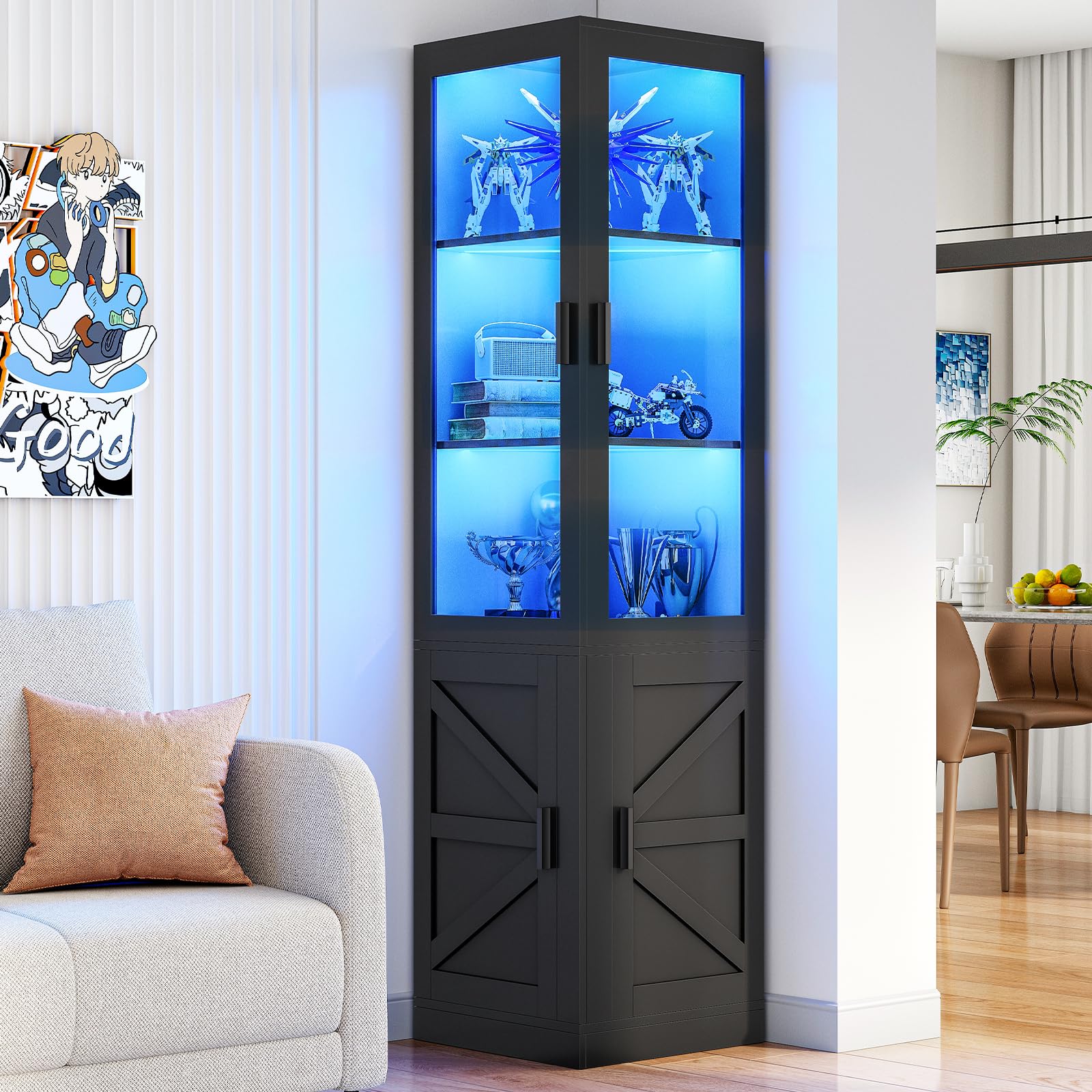 HOOBRO Corner Display Cabinet with Glass Doors，69.5" Glass Display Cabinet with LED Lights, Corner Storage Cabinets for Collectibles, Books, Modern Curio Cabinets Bookcase, Black BK01DDC01