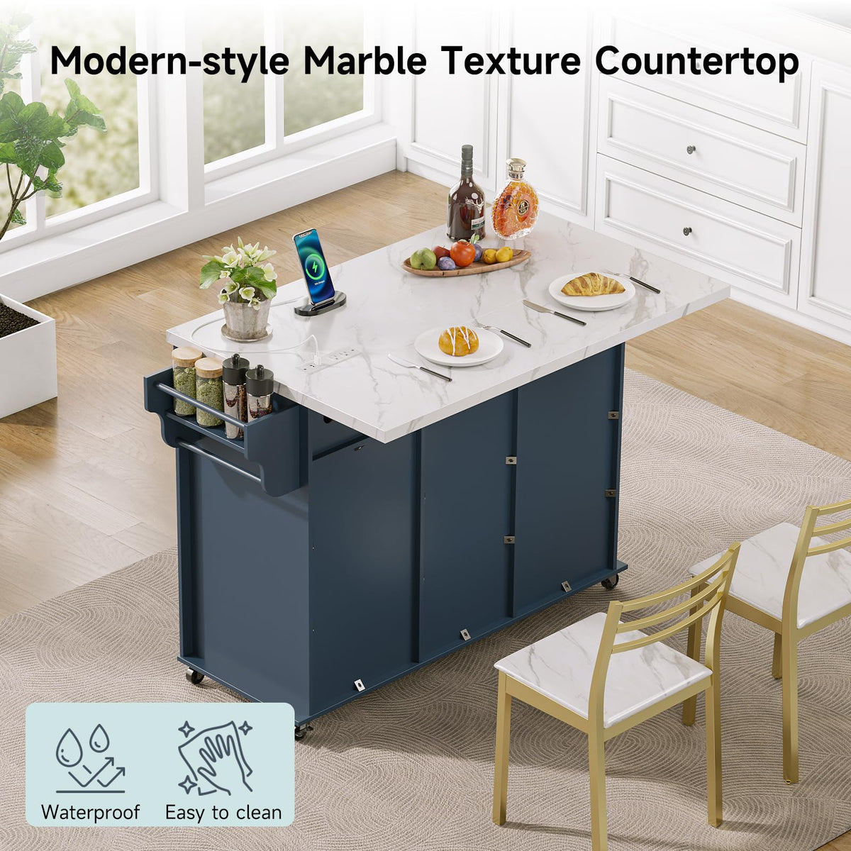 ONBRILL 47" Kitchen Island with 2 Storage Cabinets & 5 Drawers, Blue