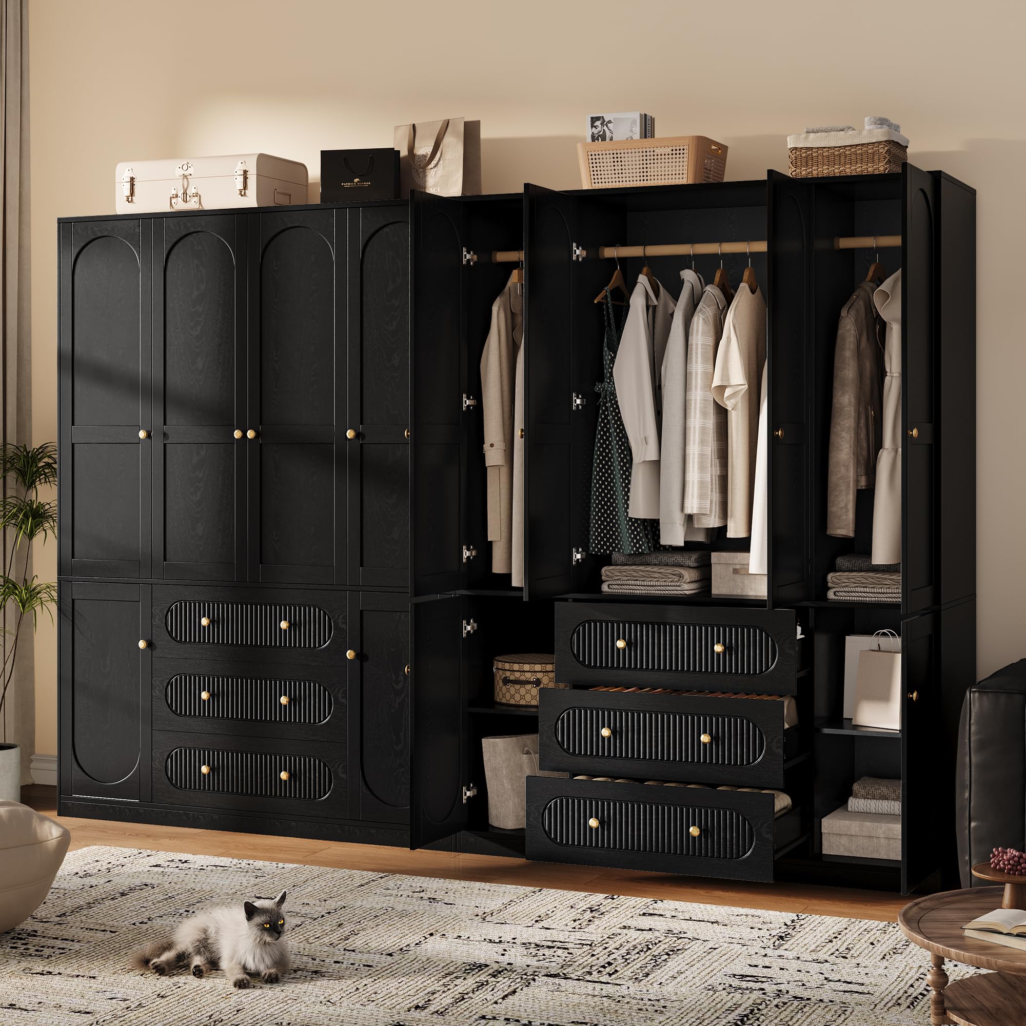 TOKSOM 4 Doors Freestanding Armoire Wardrobe Closet, 72" Black Wardrobe Armoire Wooden Closet Large Capacity Storage with 3 Drawers & 3 Hanging Rod Shelves Clothes Organizer