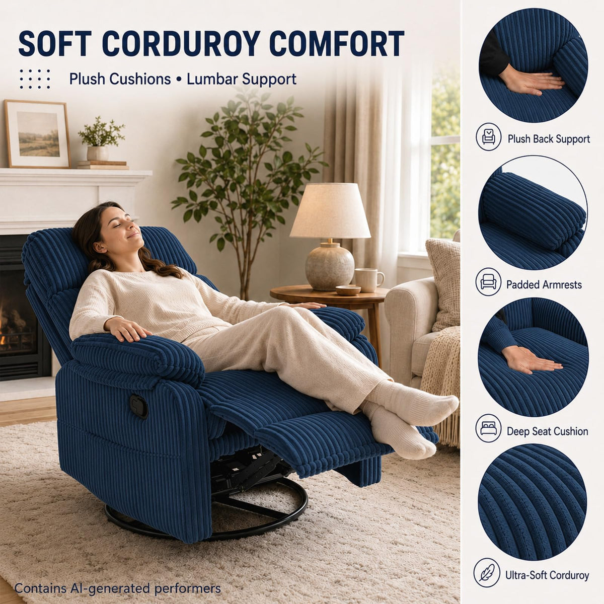 YunKiTech 360° Swivel Rocker Corduroy Manual Recliner Chair 350LBS Blue