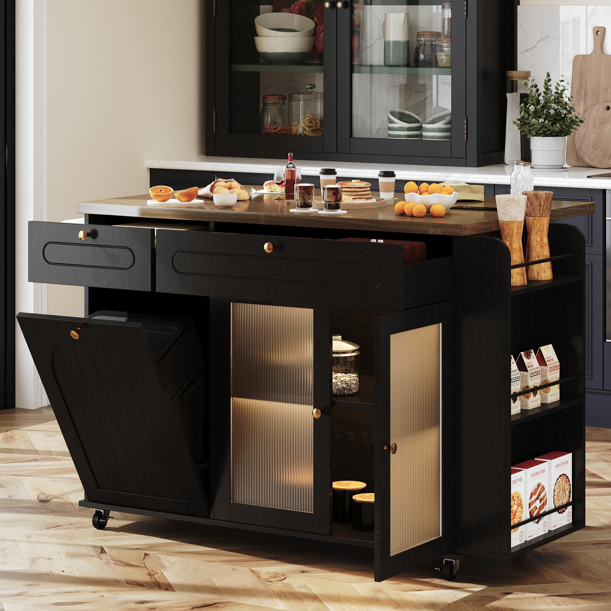 COCO DESIGN 58” Rolling Kitchen Island with Trash Can-Storage & LED Light