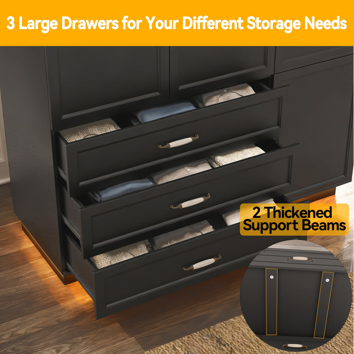AXCIGOC 72" Armoire Wardrobe Closet with 3 Door Wooden Bedroom Armoire with LED Light 3 Drawers Large Modern Wardrobe Cabinet with Retro Ceramic Door Handles and Removable Hanging Rod Black