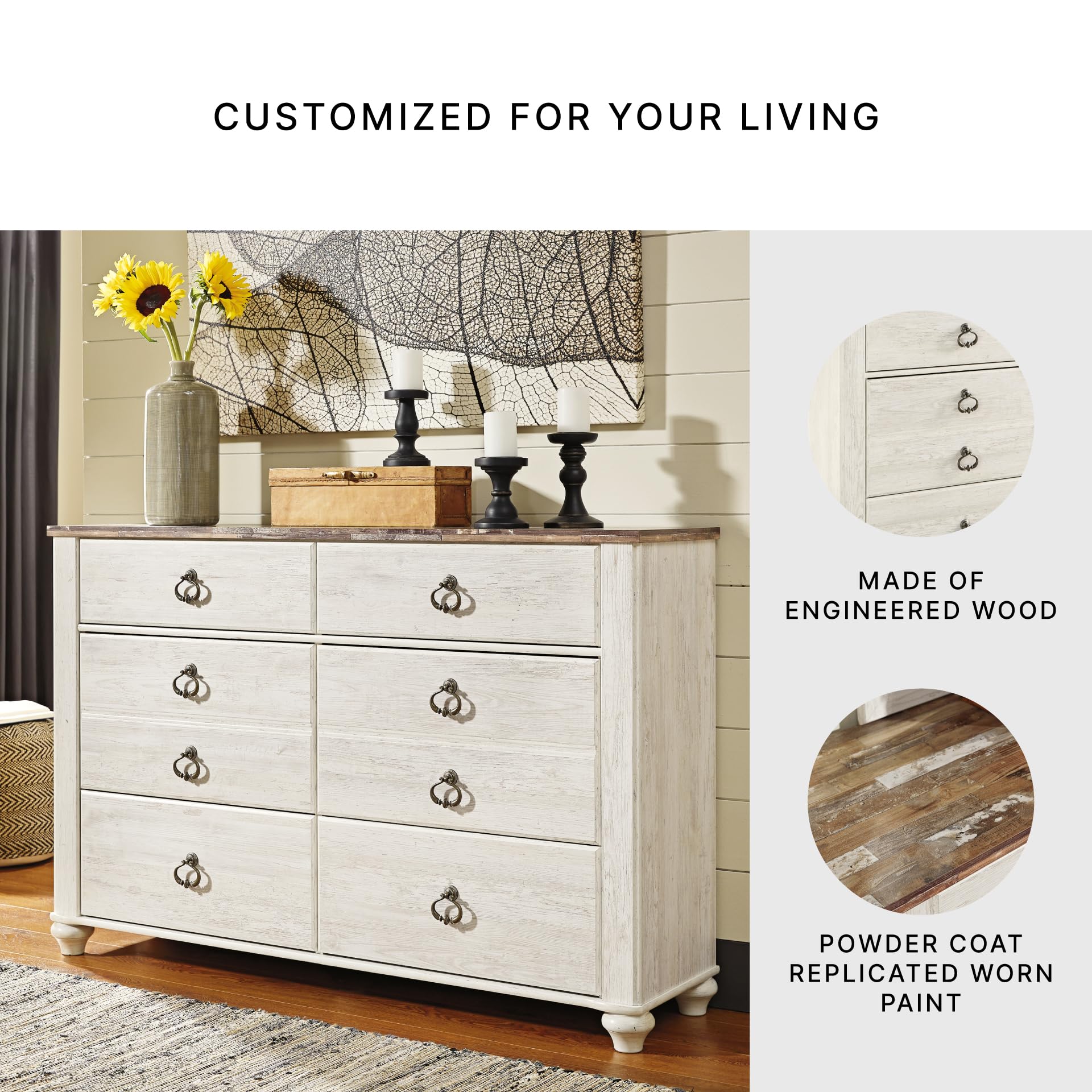 Signature Design by Ashley Willowton Coastal Cottage 6 Drawer Dresser with Faux Plank Top, Whitewash