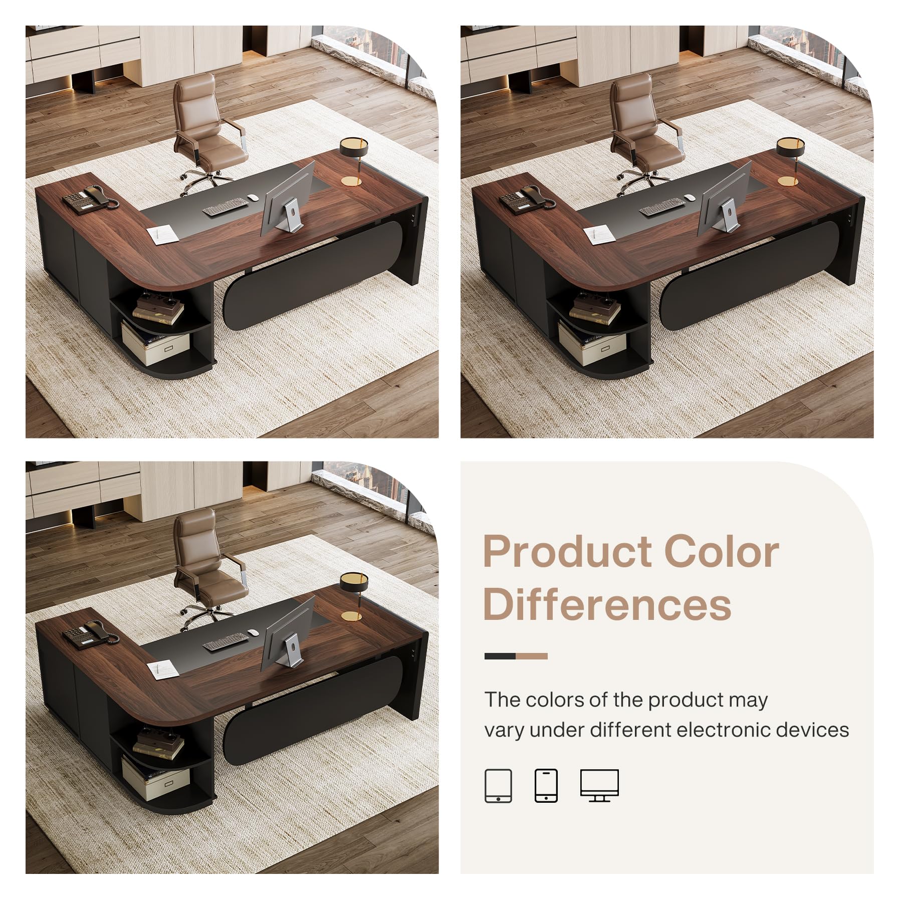 Tribesigns 81'' L-Shaped Executive Desk, Large Modern Office Desk with Drawers and File Cabinet for Home or Business Workspace, Computer Desk with Storage Shelves, Walnut & Black