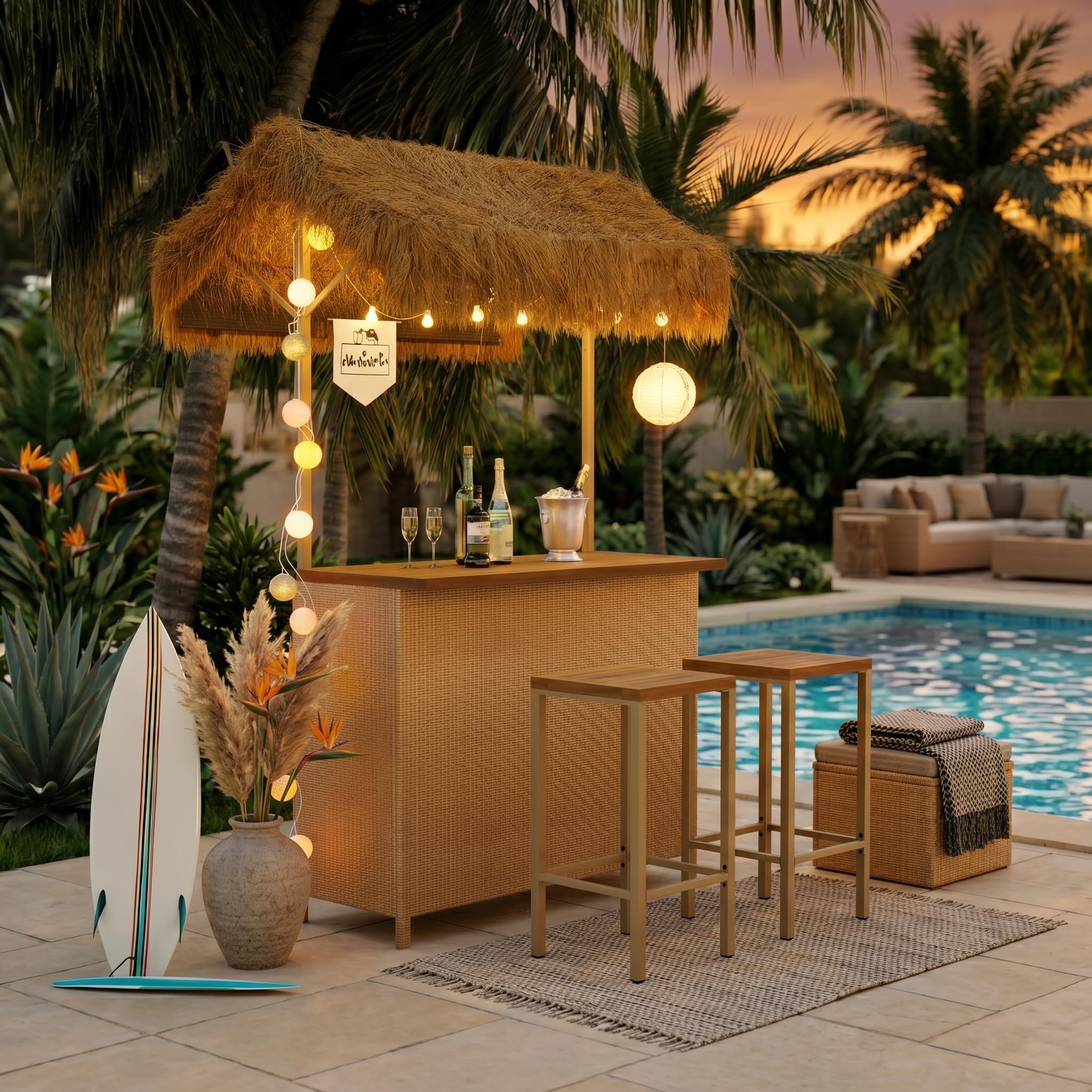 LUMISOL Outdoor Bar Table and Stools, Hawaiian Style Bar Height Patio Set with PE Grass Canopy, Acacia Wood Top and Adjustable Feet, 3 Piece Wicker Island Bar and 2 Stools, Natural