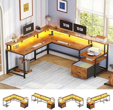 L-Shaped Desk with File Drawer, Power Outlet & LED Lights