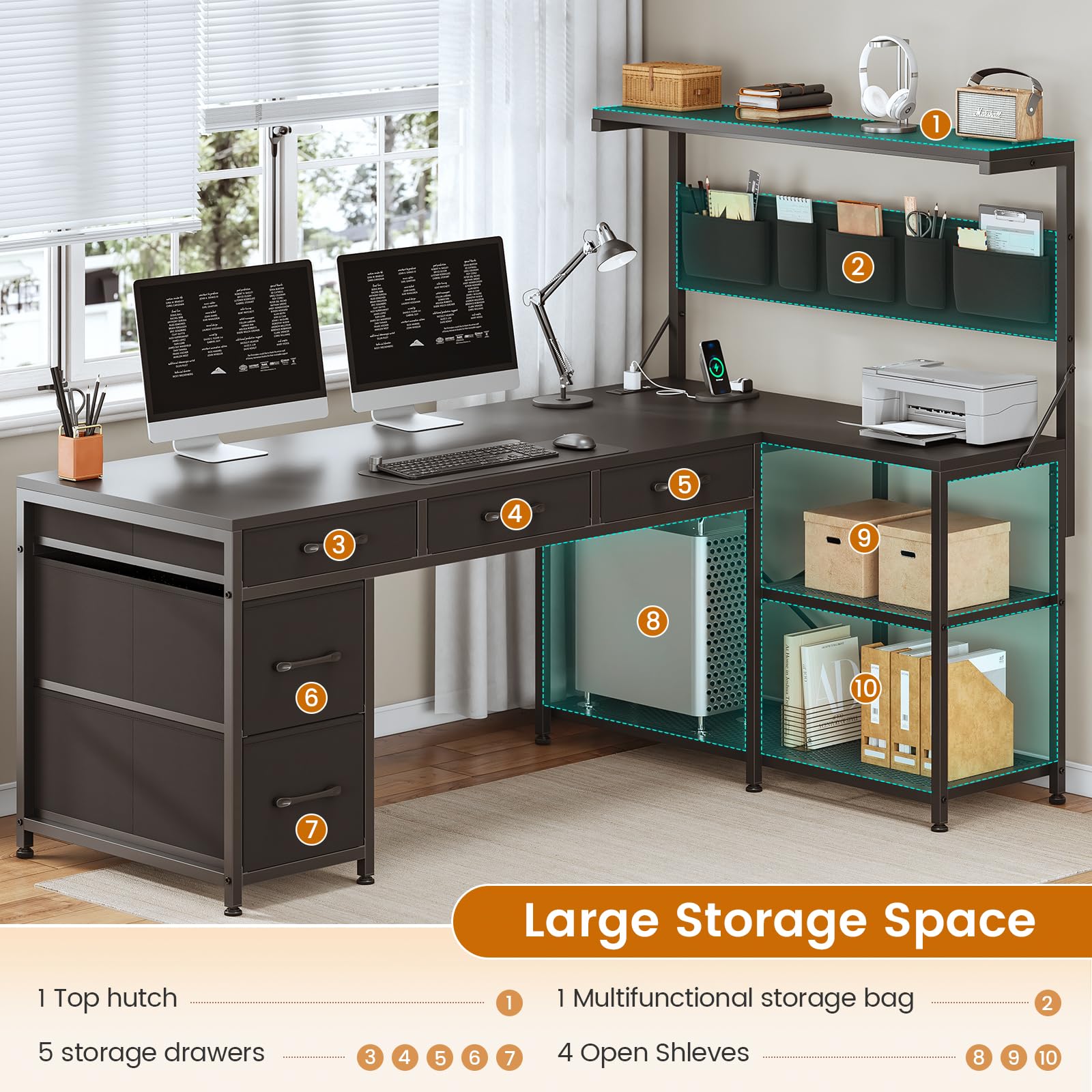 SEDETA L Shaped Gaming Desk, 47.2" Reversible Small Computer Desk with 5 Drawers and Storage Shelves, Corner Gaming Desk with LED Lights and Power Outlet, Black