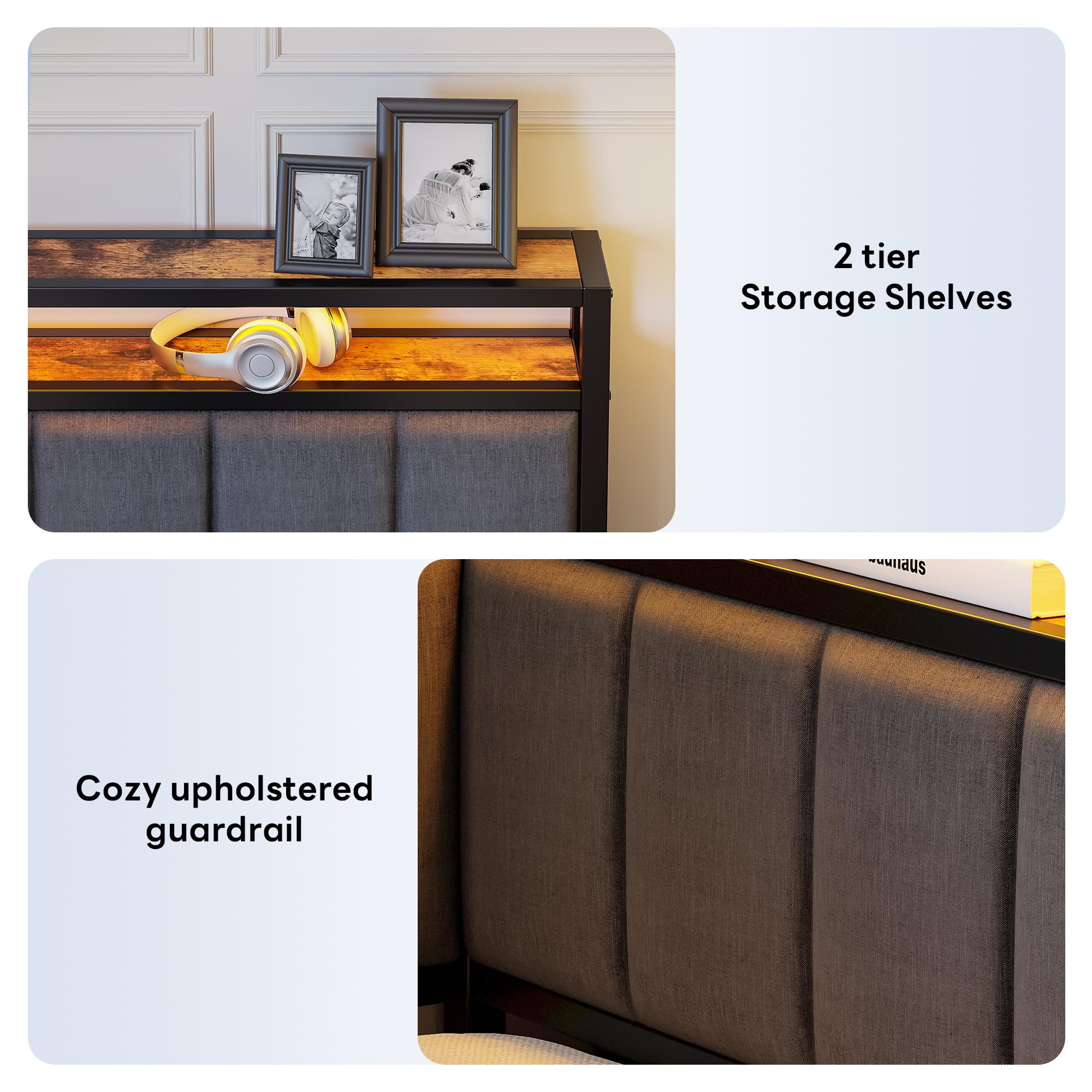 LIKIMIO Corner Twin Bed Frame with Trundle, Upholstered Storage Headboard & LED Lights, Twin Size Daybed with Charging Station, Sturdy Platform Metal Frame for Living Room, Bedroom, Guest Room, Gray