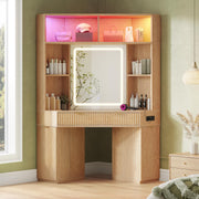 67" Corner Vanity Desk, Large Cabinet, Music Sync LED Lights, Power Hub