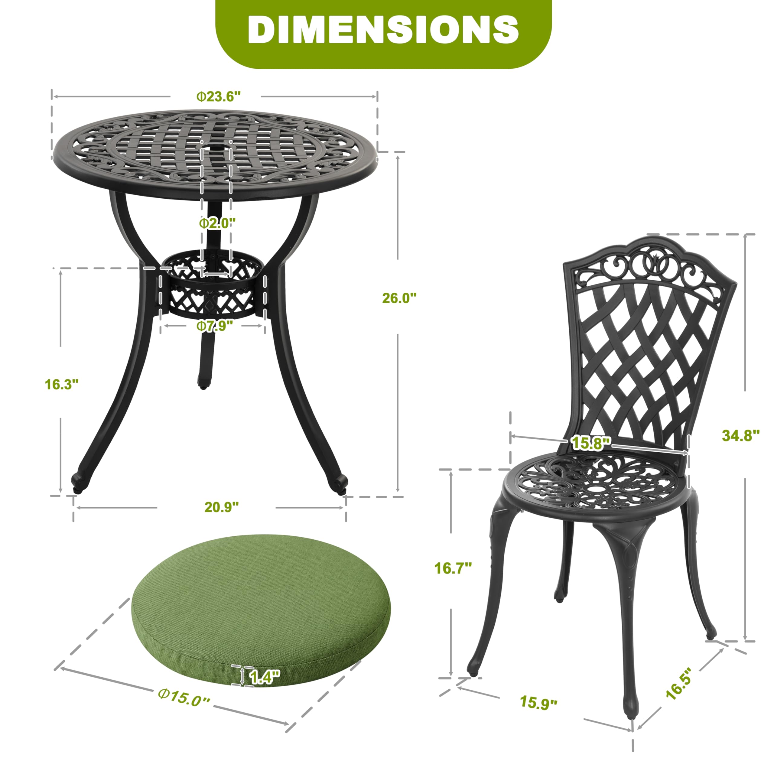 3-Piece Cast Aluminum Patio Bistro Set with Cushions