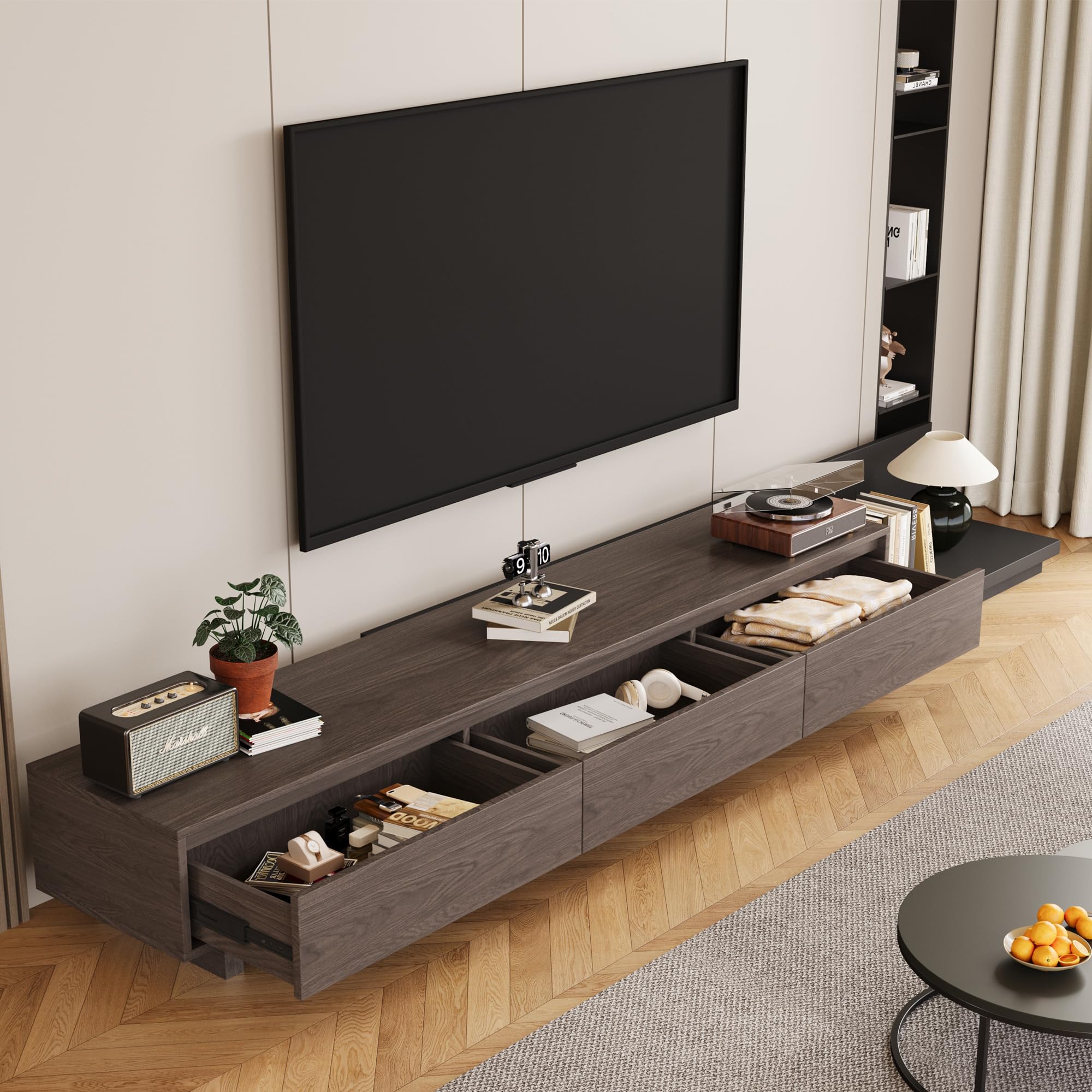 gaoyangjiaju Mid-Century Modern Extendable TV Cabinet with 3 Drawers,Entertainment Center Adjustable from 78.7" to 130",TV Stand for Living Room,Black Walnut