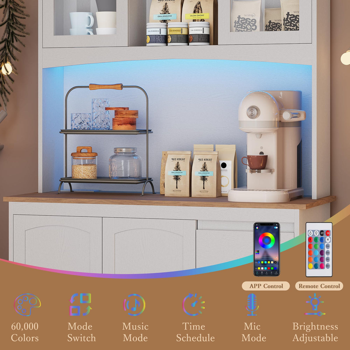 Garvee 71" Kitchen Pantry Cabinet with LED Lights & Charging Station