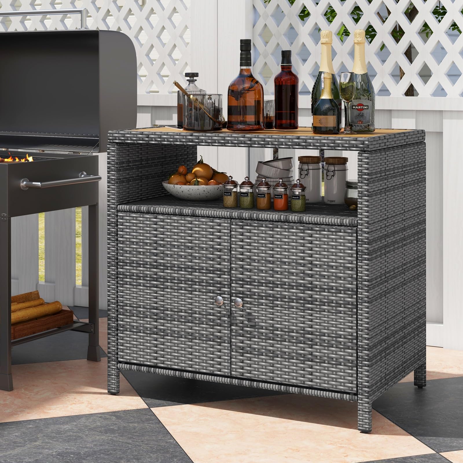 RELAX4LIFE Wicker Outdoor Bar Cabinet - PE Rattan Patio Bar Table w/Acacia Wood Countertop, Open Shelf & 2 Doors, Buffet Sideboard Organizer for Garden Backyard Pool, Outside Storage Cabinet (Grey)