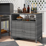 RELAX4LIFE Wicker Outdoor Bar Cabinet - PE Rattan Patio Bar Table w/Acacia Wood Countertop, Open Shelf & 2 Doors, Buffet Sideboard Organizer for Garden Backyard Pool, Outside Storage Cabinet (Grey)