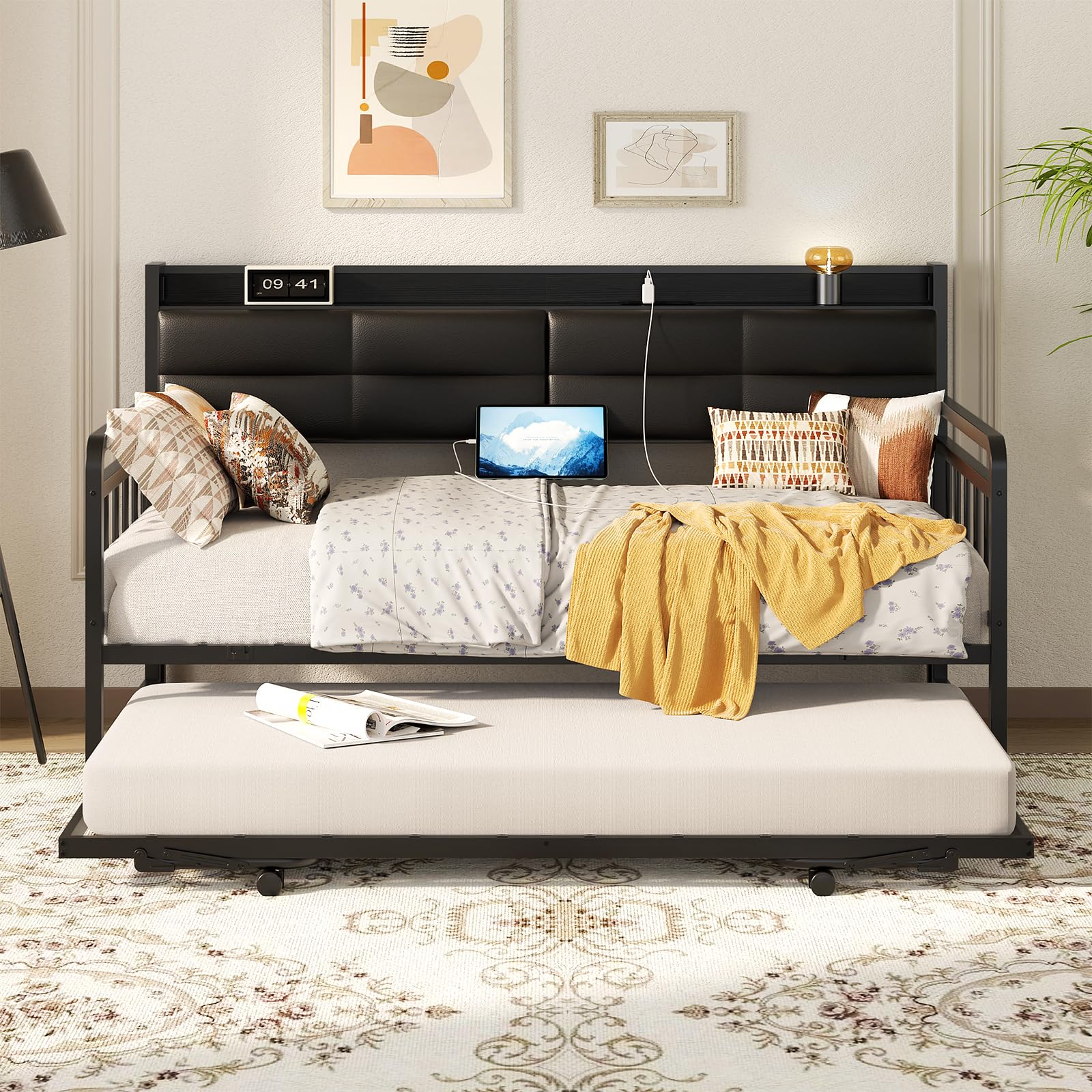 Homieasy Daybed with Trundle, Twin Day Bed with Upholstered Headboard and Charging Station, Metal Twin Sofa Bed Frame Pop-up Trundle Bed for Bedroom and Guest Room, Black