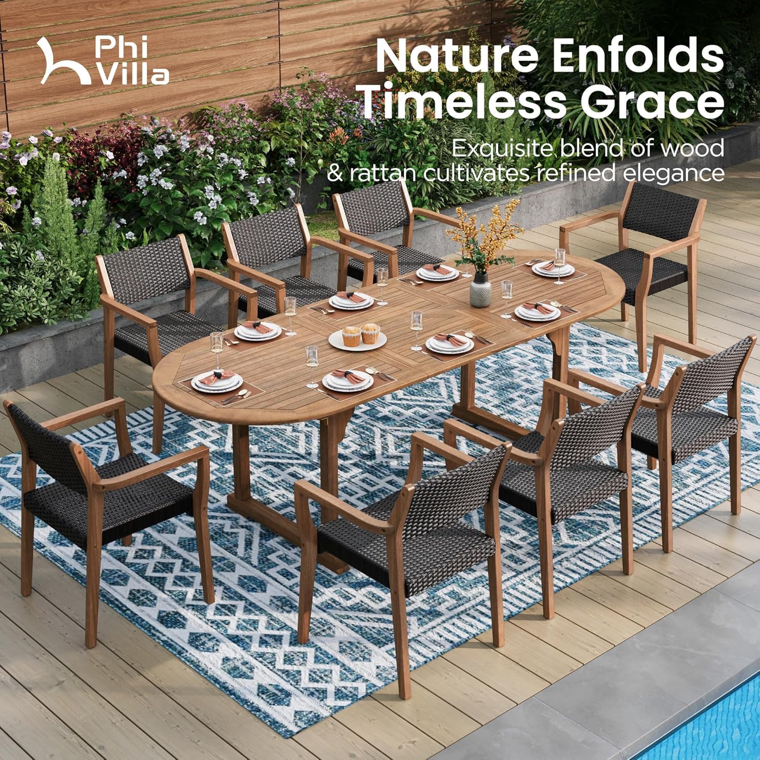 Extendable Acacia Wood Outdoor Dining Set