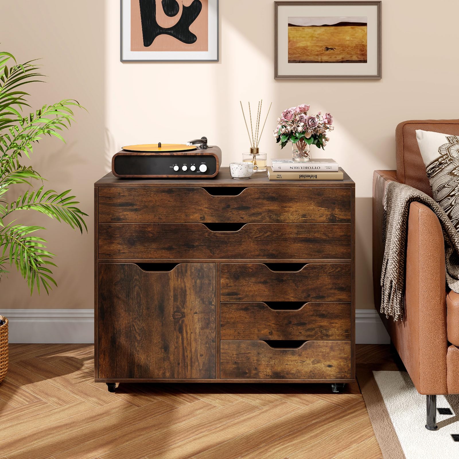 Rolling File Cabinet with 5 Drawers & Side Cabinet