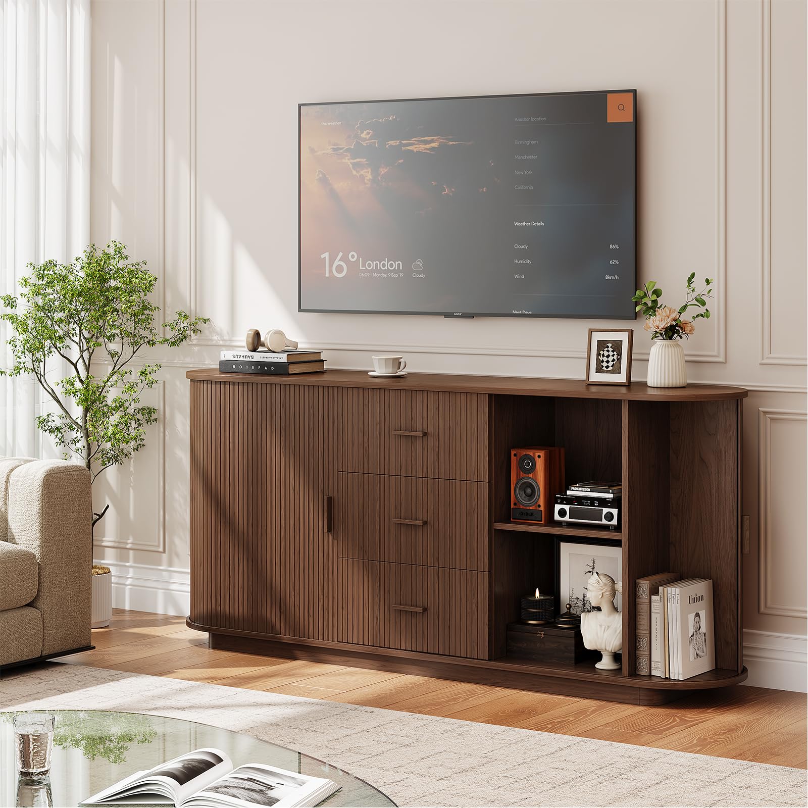 63" Fluted Sideboard Buffet Cabinet with 3 Drawers & 2 Sliding Doors
