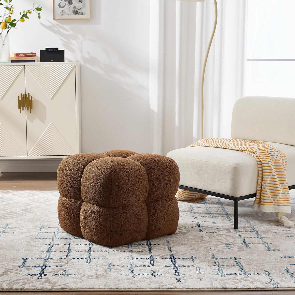 ONEVOG 21" Rust Brown Modern Ottoman, Square Fuzzy Couch Sherpa Pouf Ottoman, Tufted Fluffy Boucle Fabric Foot Stools, Upholsered Footrest & Coffee Table for Living Room Bedroom, Cute Pouf Home Decor