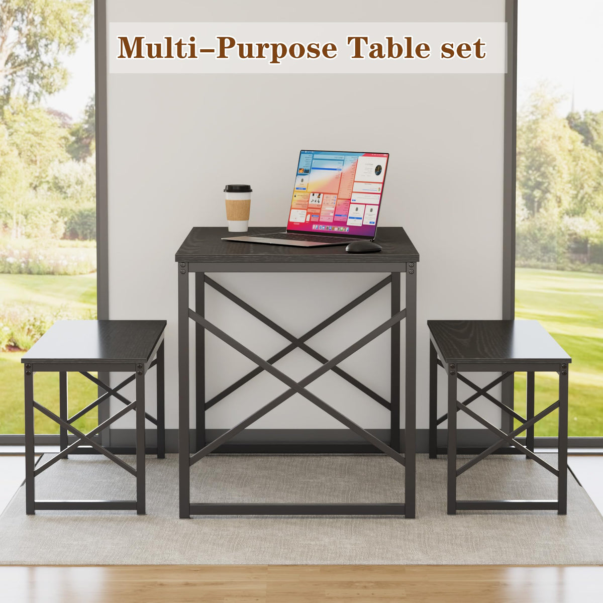 VECELO 43.3" Kitchen Dining Table Set for 4, Heavy-Duty Steel Frame & Wood-Grain Tabletop, Space-Saving Dinette Sets with 2 Benches for Breakfast Nook and Small Space, Matte Black