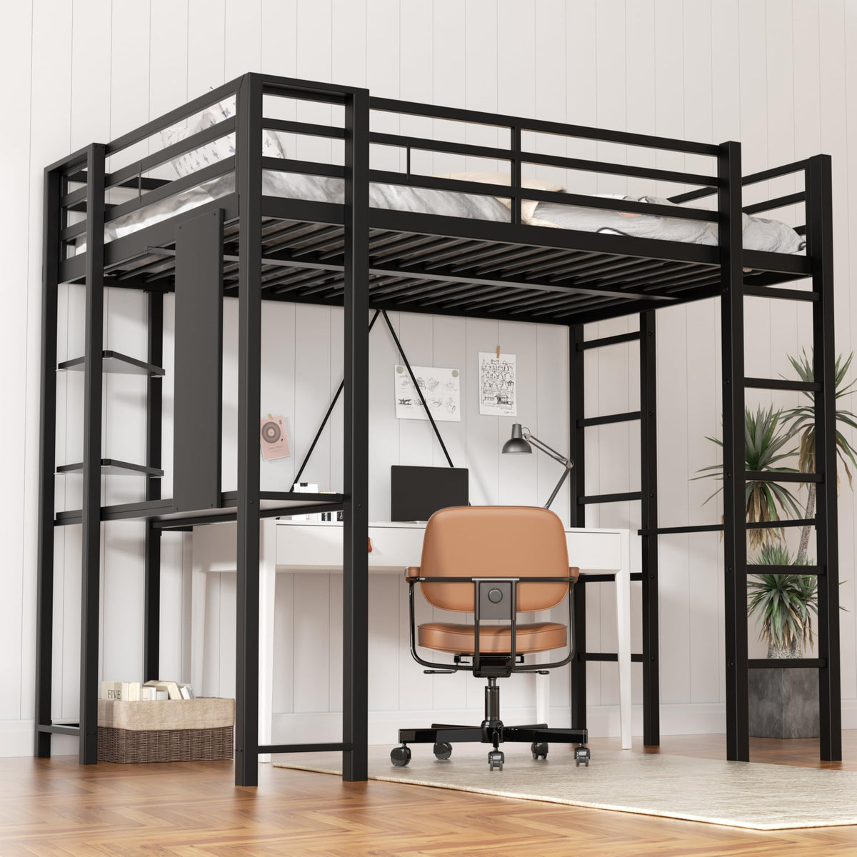 Metal Loft Bed with Desk and Shelves