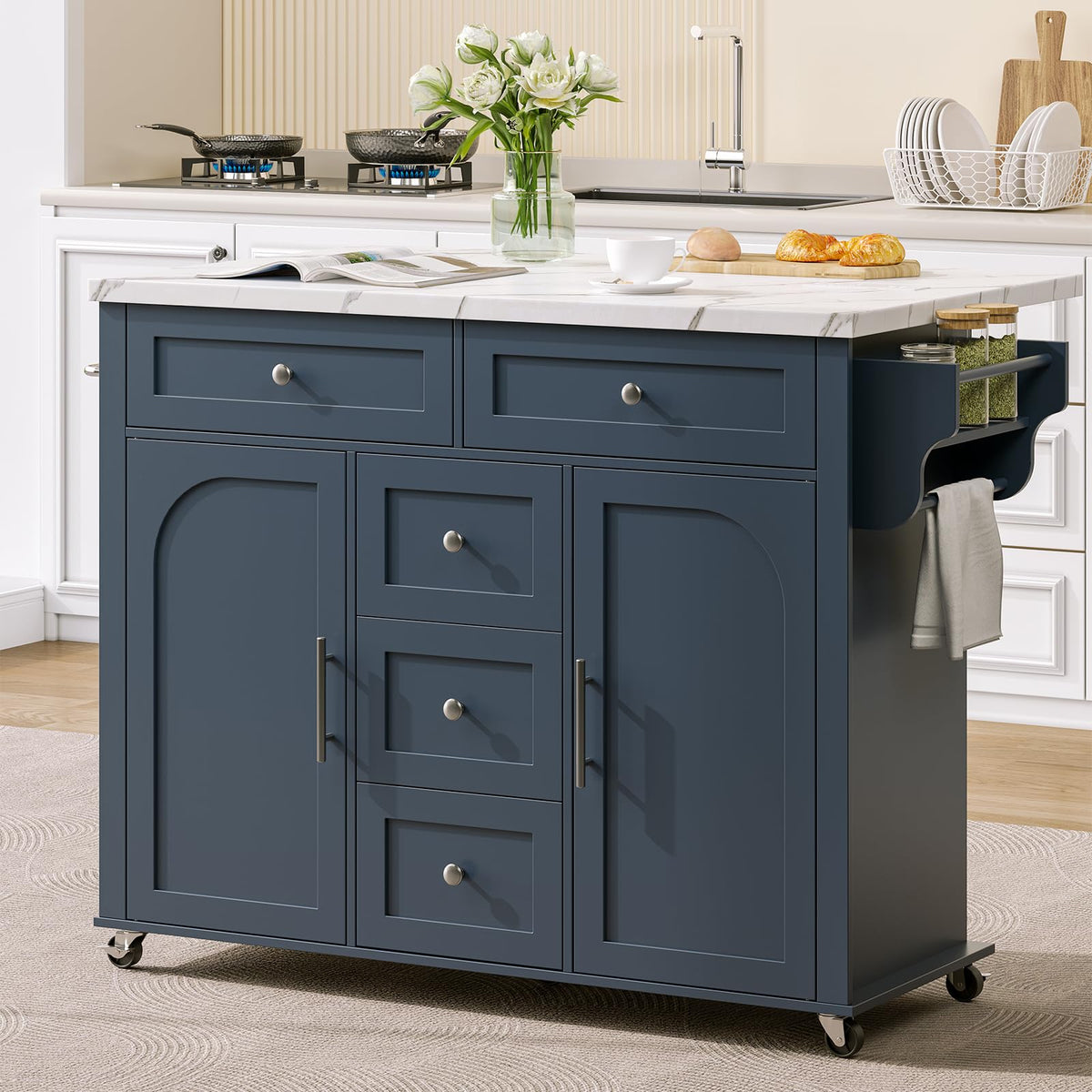 ONBRILL 47" Kitchen Island with 2 Storage Cabinets & 5 Drawers, Blue