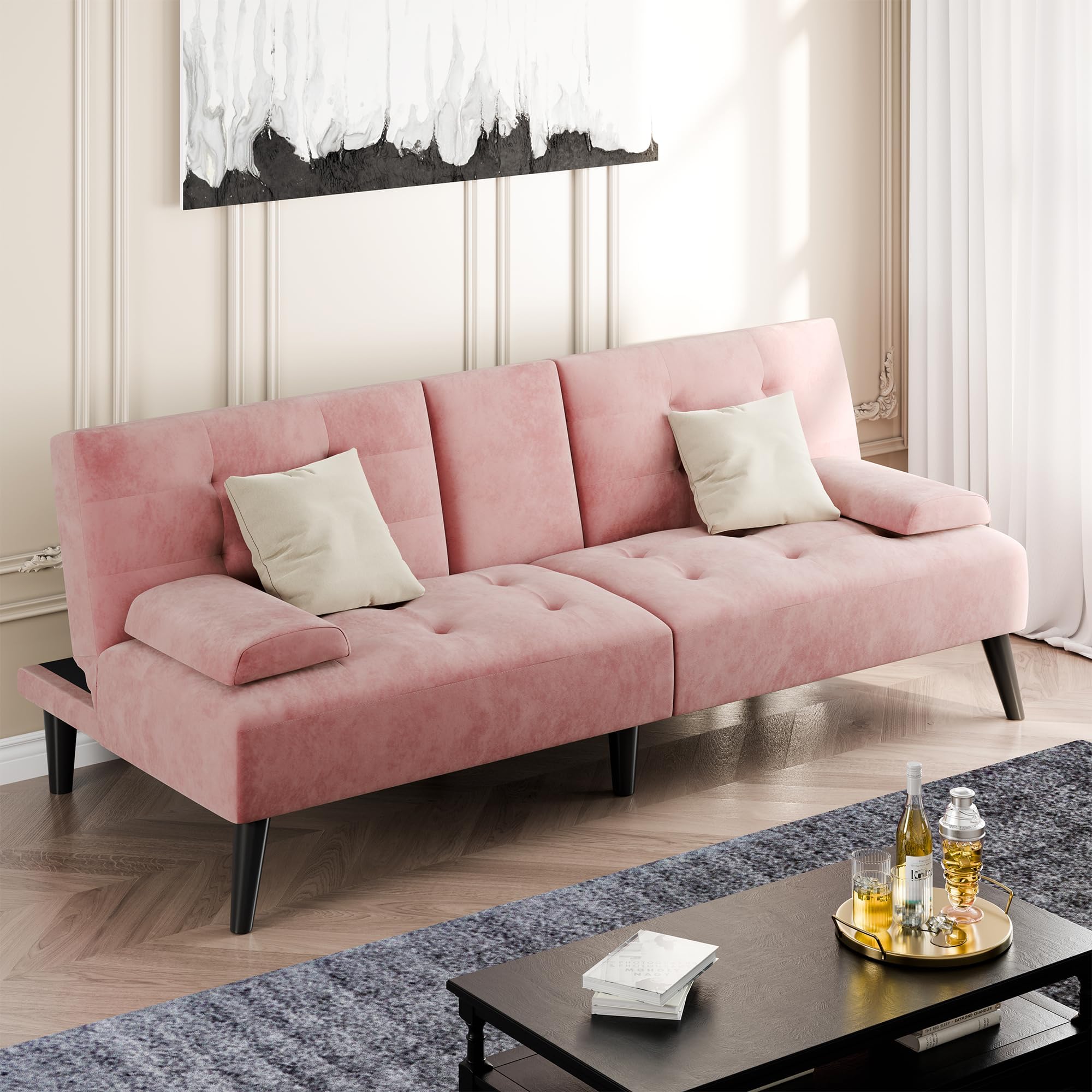 Velvet Futon Sofa Bed with Removable Armrests – Pink