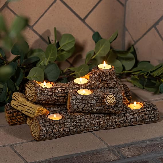 Faux Wood Log Candle Holder for Fireplace Decor