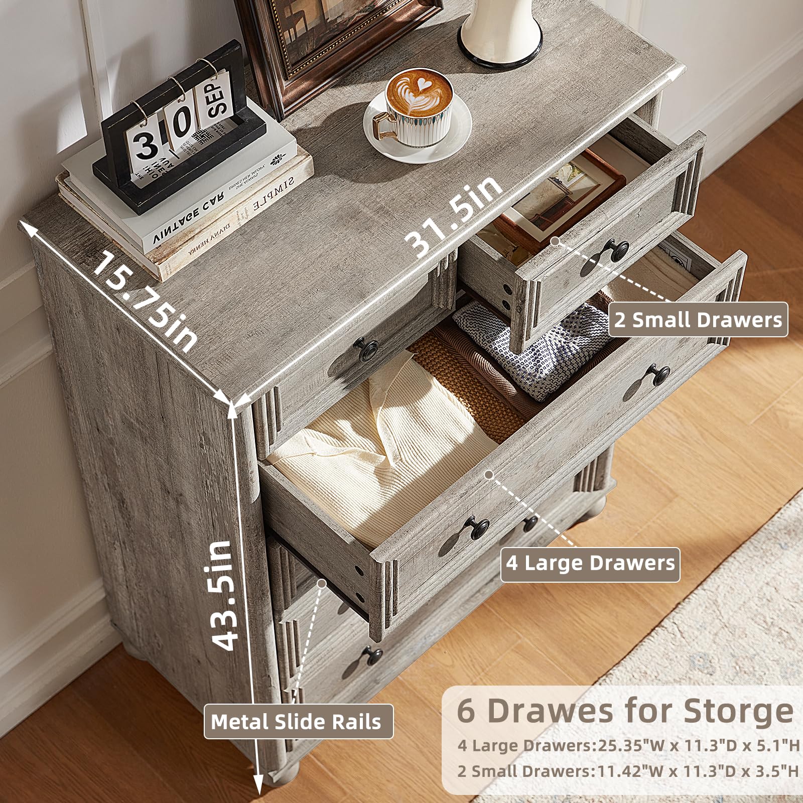 RWYHG Farmhouse Dresser and Nightstand Sets 4 Piece, Wooden 7 Drawers Dresser & 43.5" Tall Chest of Drawers, 18" Roman Column Nightstand Set of 2, Furniture Dressers for Bedroom, Living Room