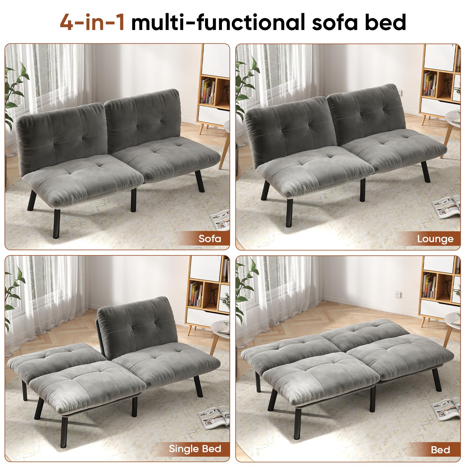 homeokay Futon Sofa Sleeper Couch Bed with Adjustable Backrest Thick Cushion Velvet Fabric for Department Living Room Lounge Sofa Loveseat (Gray)