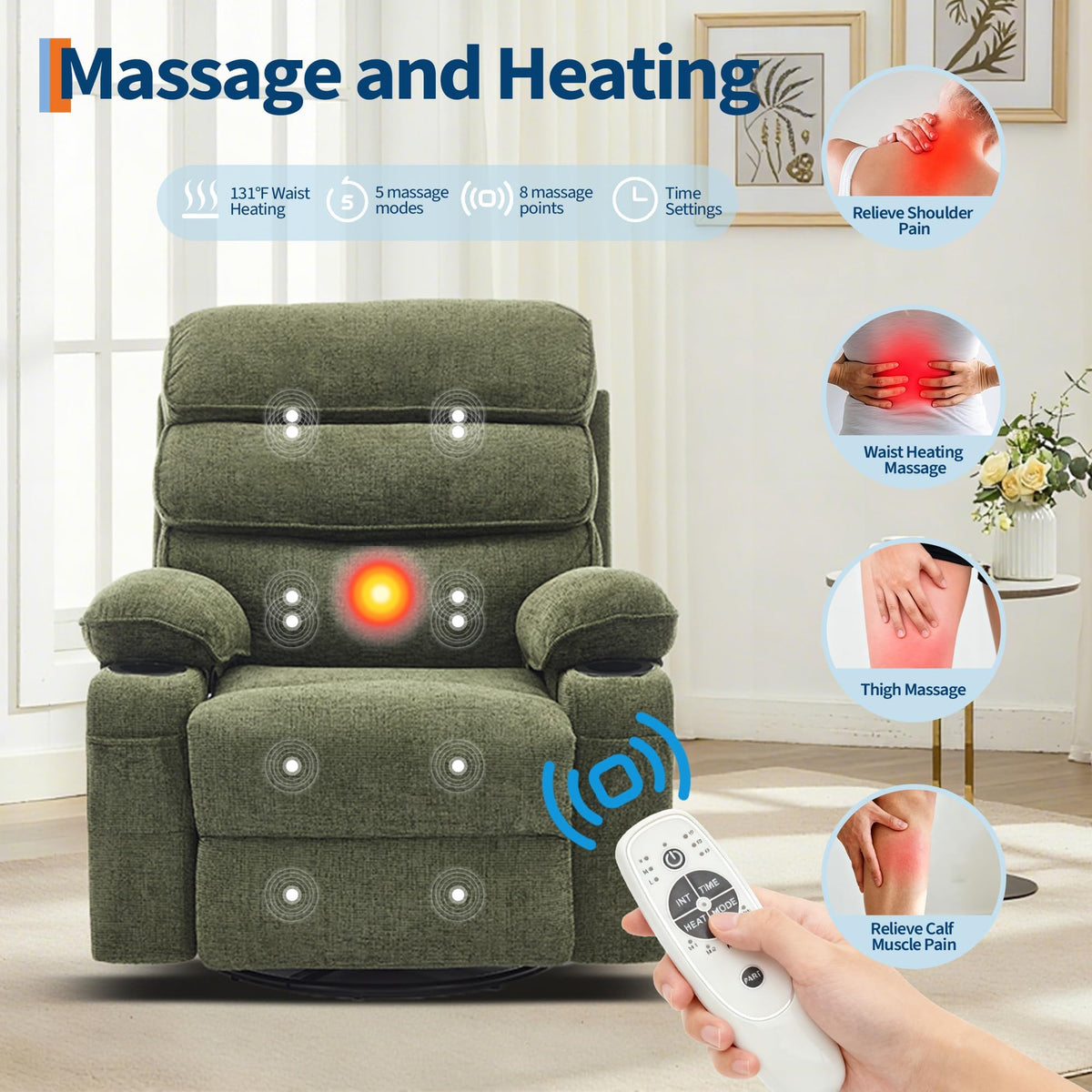 Swivel Rocker Recliner with Massage and Heat