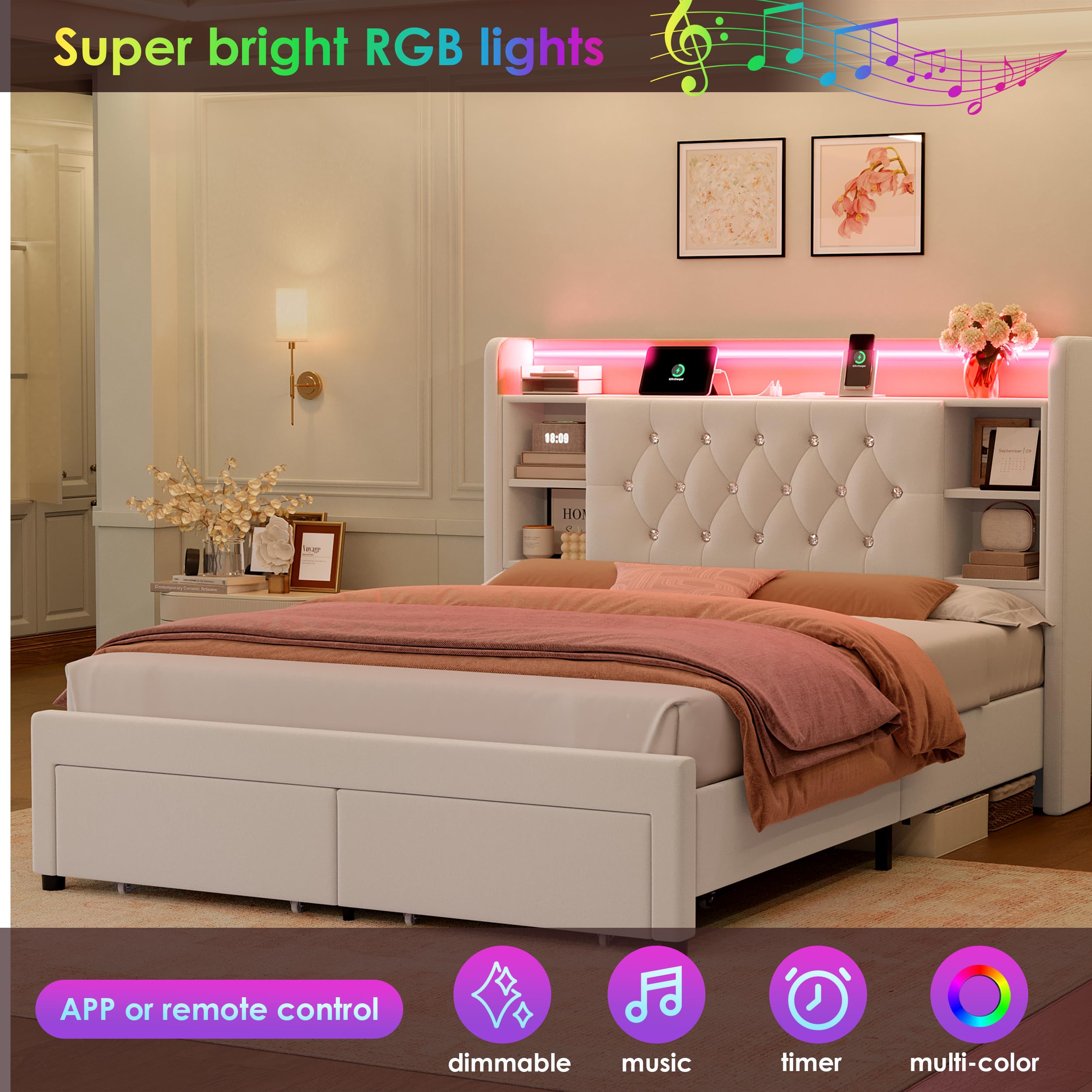 Upholstered Platform Bed with LED Headboard & Storage Drawers