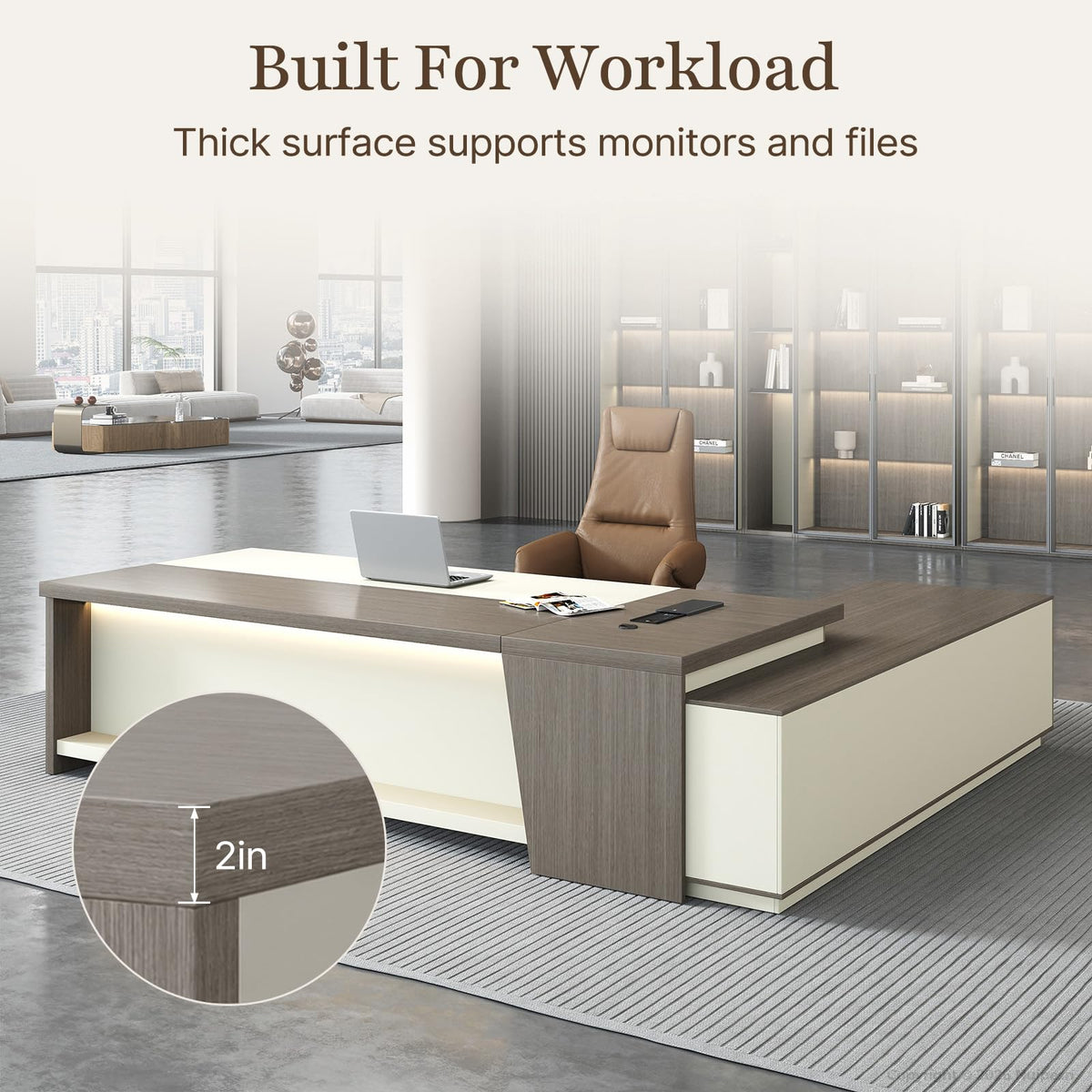 L-Shaped Executive Desk with LED and Power Outlets