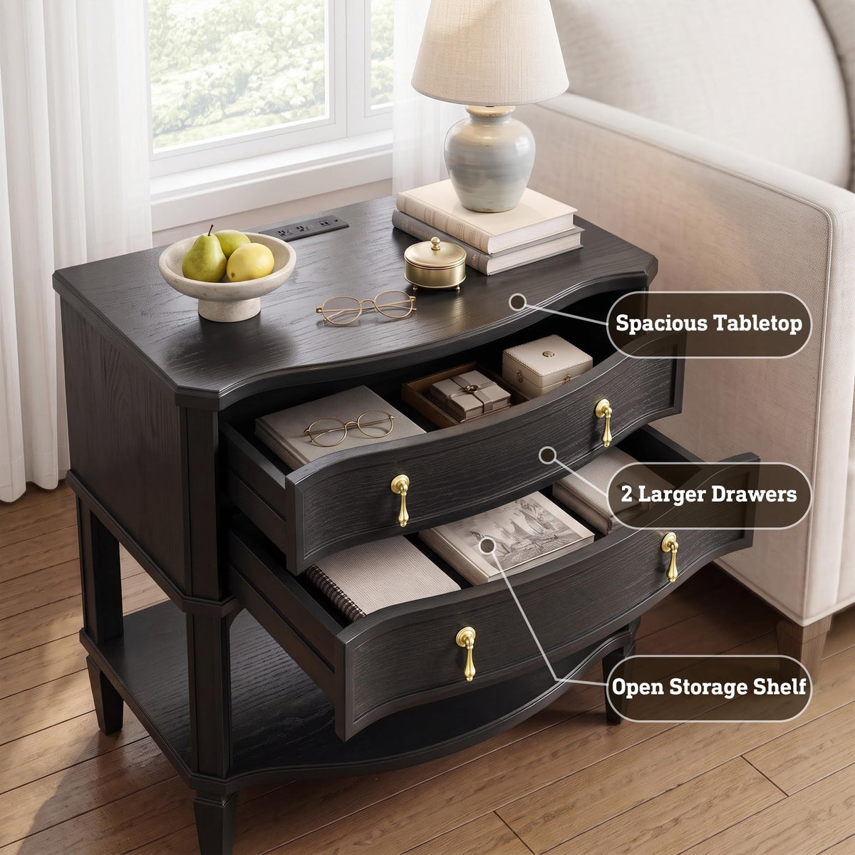 27.5" Wide Extra Large with Nightstand Set of 2 Charging Station & Open Shelf, Pre-Assembled,Vintage Bedside Table w/2 Drawers, Curved Design, Farmhouse End Side Table with Solid Wood Legs for Bedroom