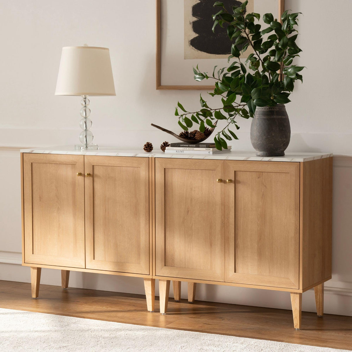 EYYTHUNG Storage Cabinet Set of 2, Sideboard Buffet Modern Accent Cabinets with Faux Marble Top & Adjustable Shelves, Credenza, Console Table Entryway Cabinet for Living Room, Oak